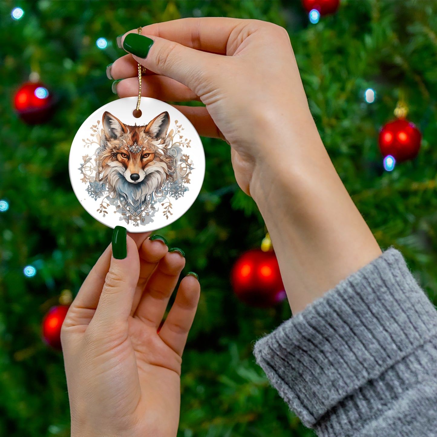Red Fox, Holiday Fox- Christmas Fox Ceramic Christmas Ornament - Magical Fox, Spirit Medicine Ornament Gift - 4 Shapes