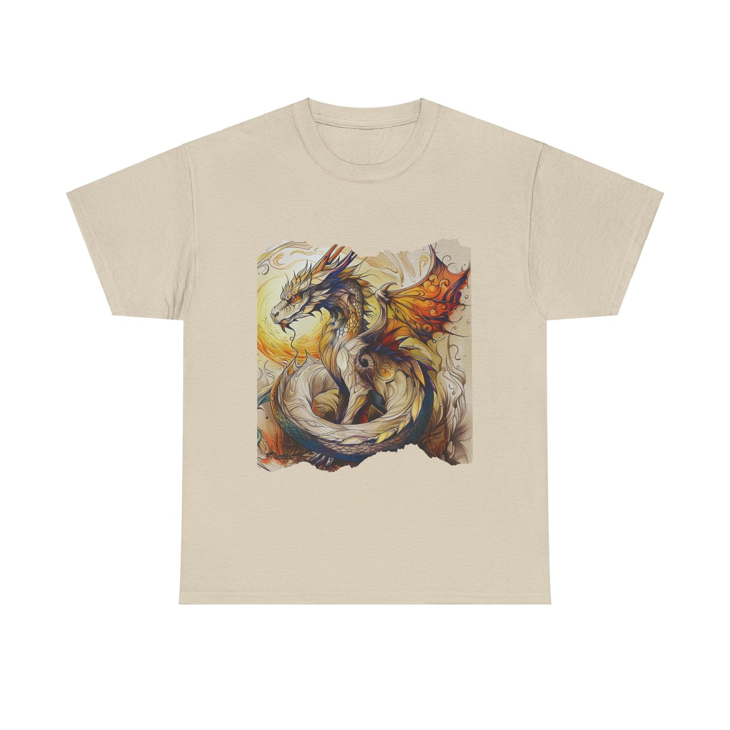 Dragons Yellow Sun Graphic Tee - Dragons and Ancestors - Dragon Lovers Unisex Heavy Cotton Tee T-Shirt