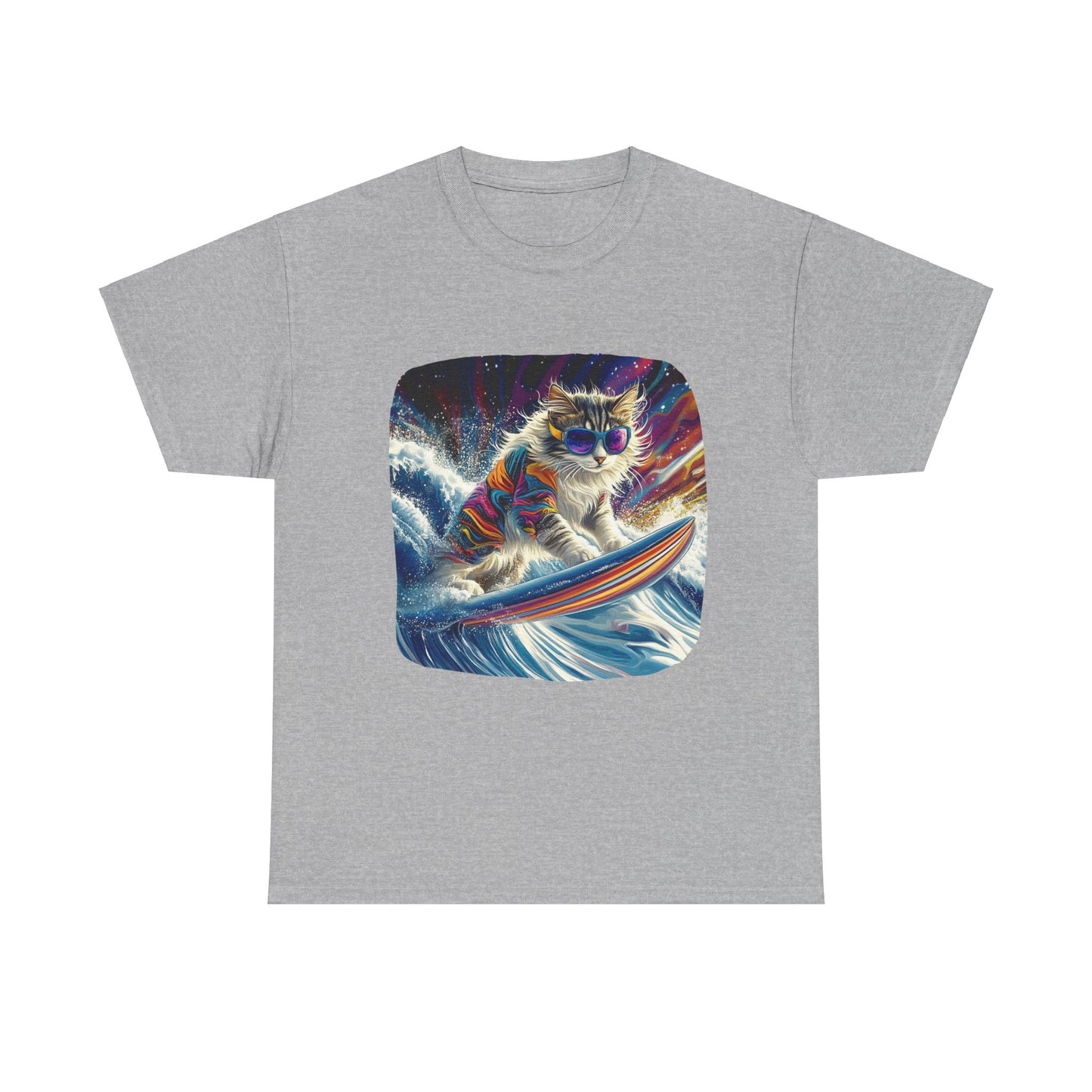 Rip Girl Surfing Surfer Cat, Cat on Surfboard Graphic Tee- Water Sports Cat (V1) Cat Art Gift - Cool Cats Unisex Heavy Cotton Tee T-Shirt