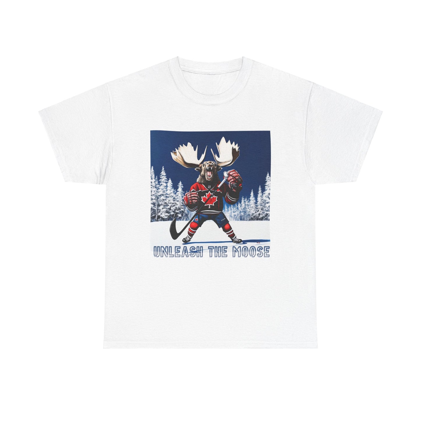 "Unleash the Moose" Hockey Player Moose - Moose Lover Hockey Graphic Tee Unisex Heavy Cotton Tee T-Shirt