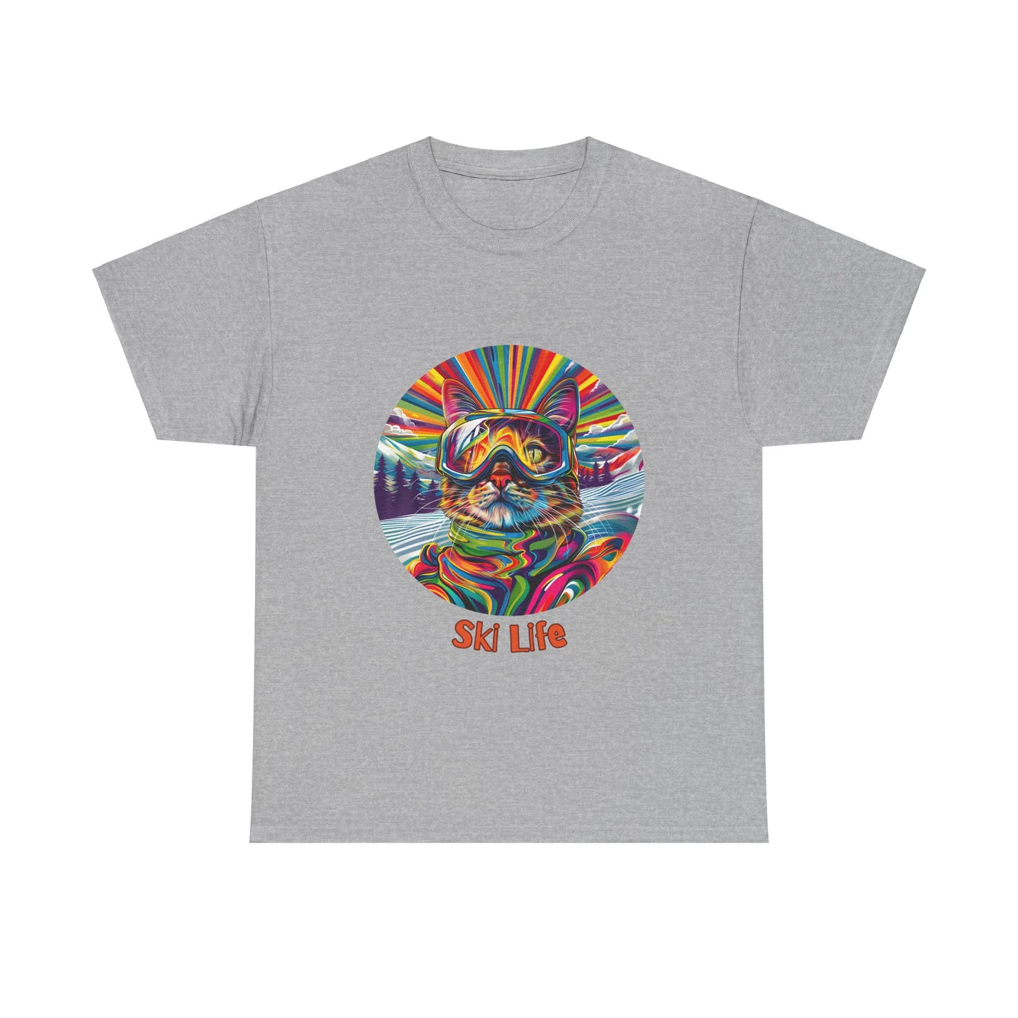 Ski Cat - "Ski Life" Snow, Snowboard Winter Sports Cat (V6) Cat Art Gift - Cool Cats Unisex Heavy Cotton Tee T-Shirt