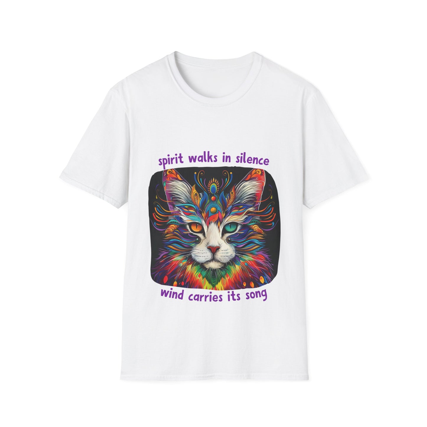 Spirit Walks in Silence, Wind Carries its Song - Shaman Graphic Cat Tee, Cat Lover's Graphic Tee Graphic Unisex T- Shirt, T-Shirt Cat Lovers Gift Softstyle T-Shirt Tee Teeshirt Stylized Cat