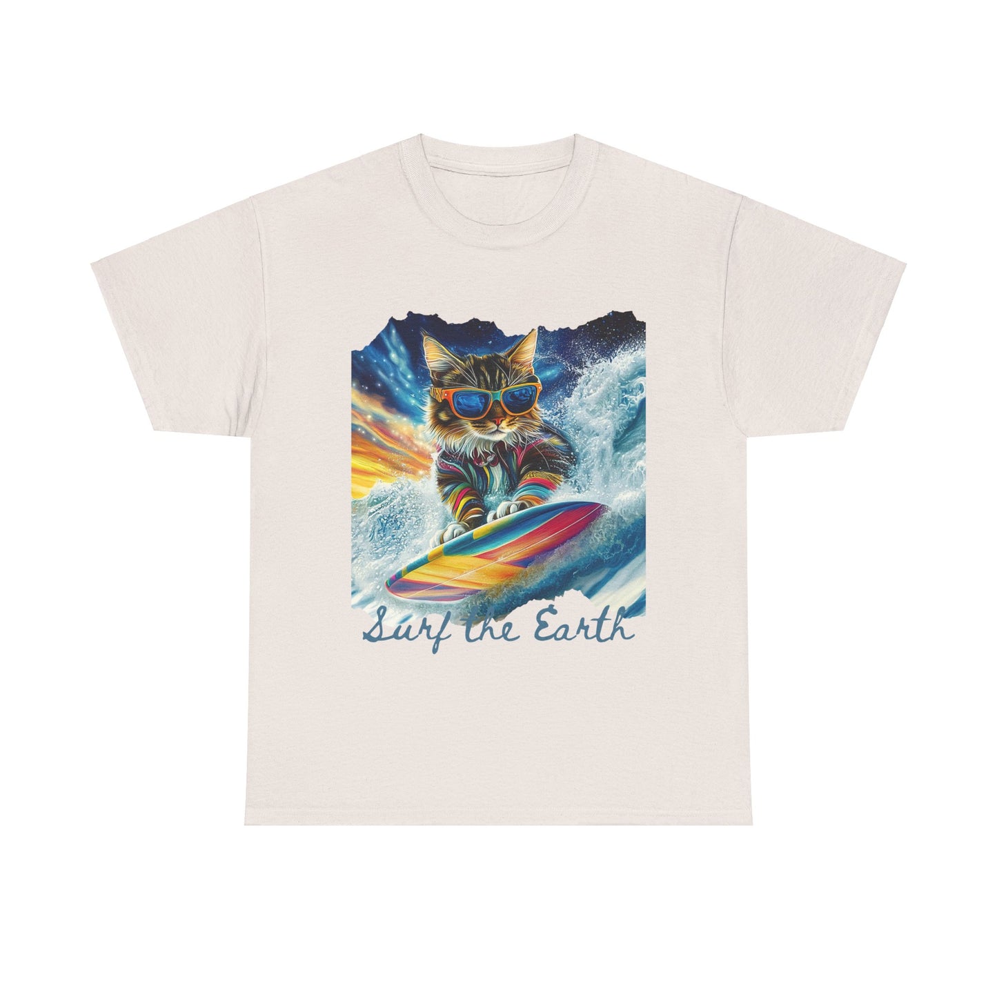Surf Surfer Cat, "Surf the Earth", Cat on Surfboard Graphic Tee- Water Sports Cat (V1) Cat Art Gift - Cool Cats Unisex Heavy Cotton Tee T-Shirt