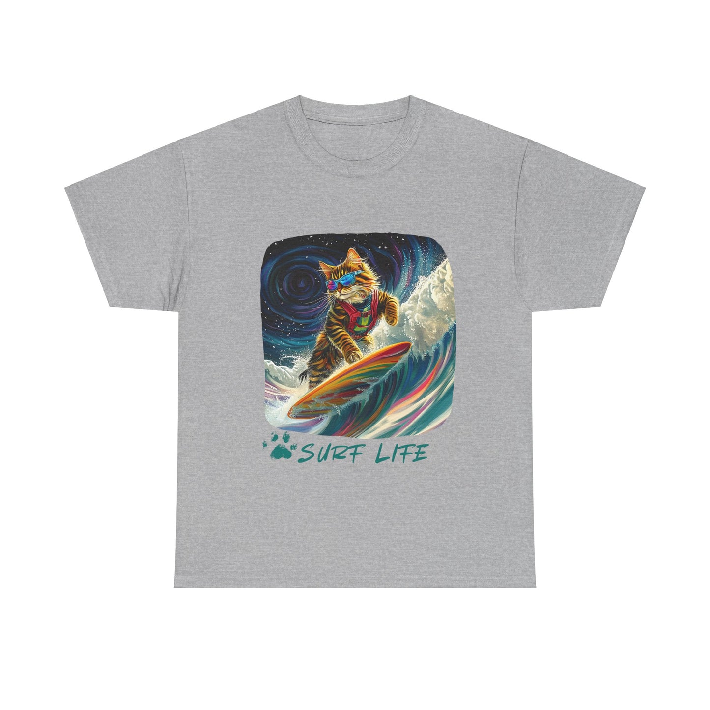 Surf LIfe - Surfer Surfing Cat Graphic Tee, Cat on Surfboard - Shirt reads "Surf Life" Cats Art Gift - Cool Cats Unisex Heavy Cotton Tee T-Shirt