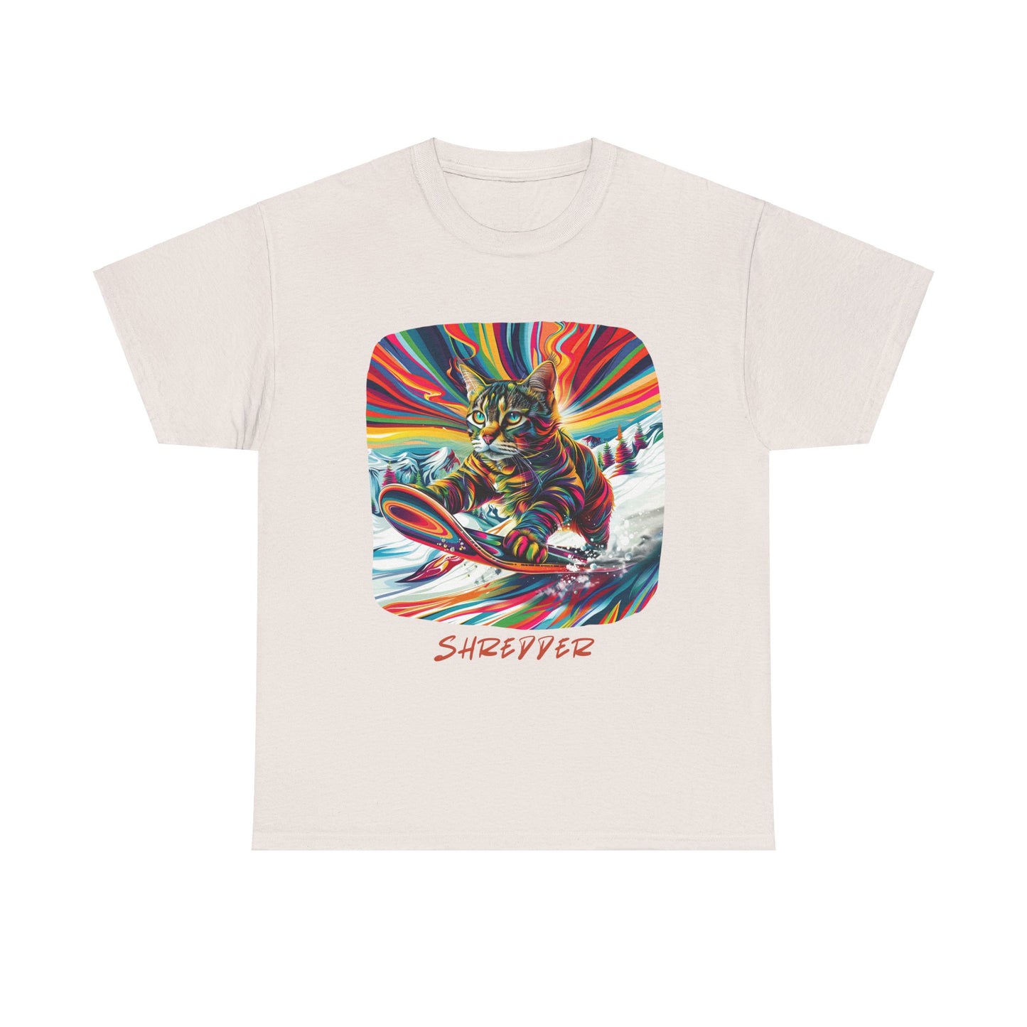Shredder Snowboard Cat Graphic Tee - Extreme Winter Sports Ski Cat Art Gift - Cool Cats Unisex Heavy Cotton Tee T-Shirt