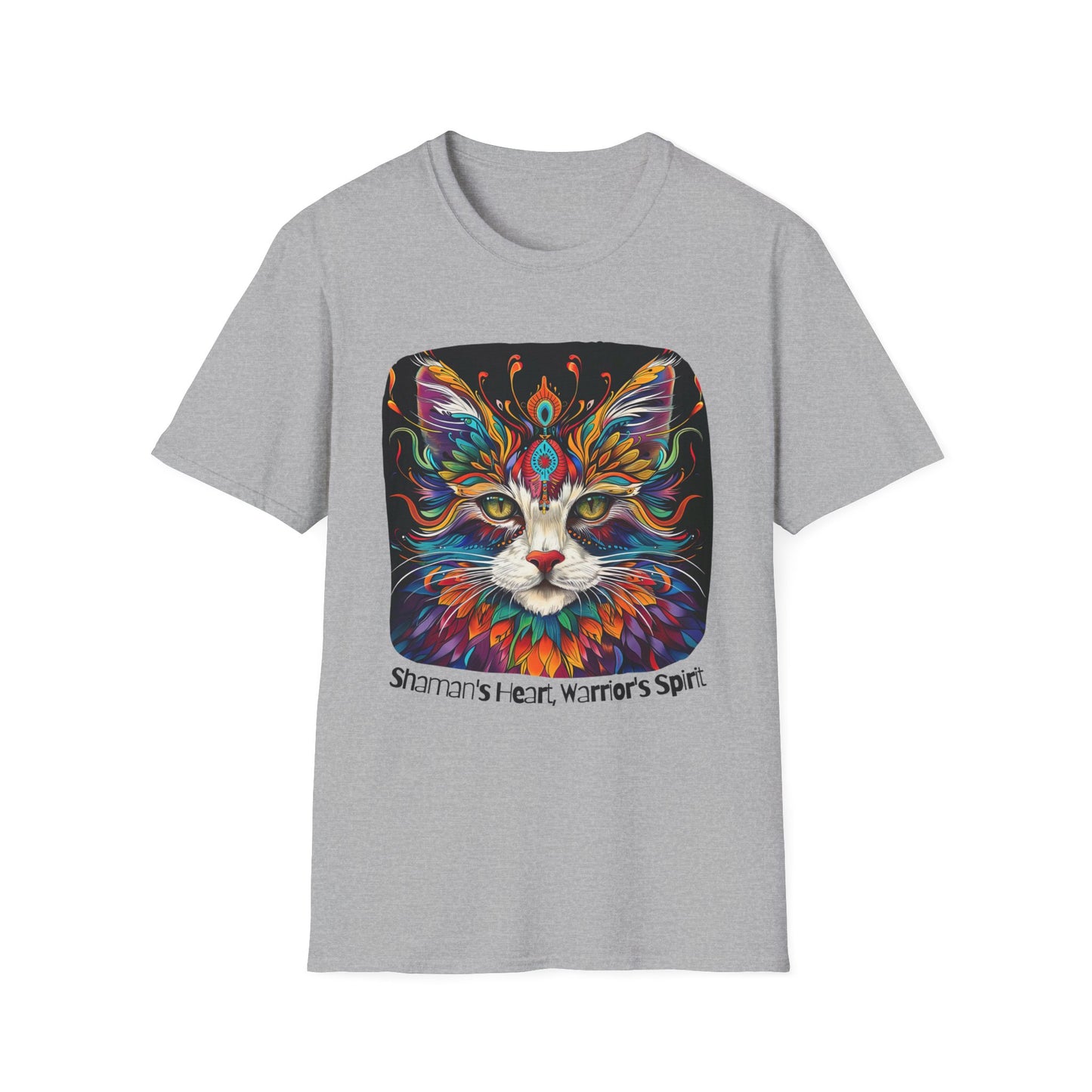 Shaman's Heart, Warrior's Spirit Graphic Cat Tee, Cat Lover's Graphic Tee Graphic Unisex T- Shirt, T-Shirt Cat Lovers Gift Softstyle T-Shirt Tee Teeshirt Stylized Cat