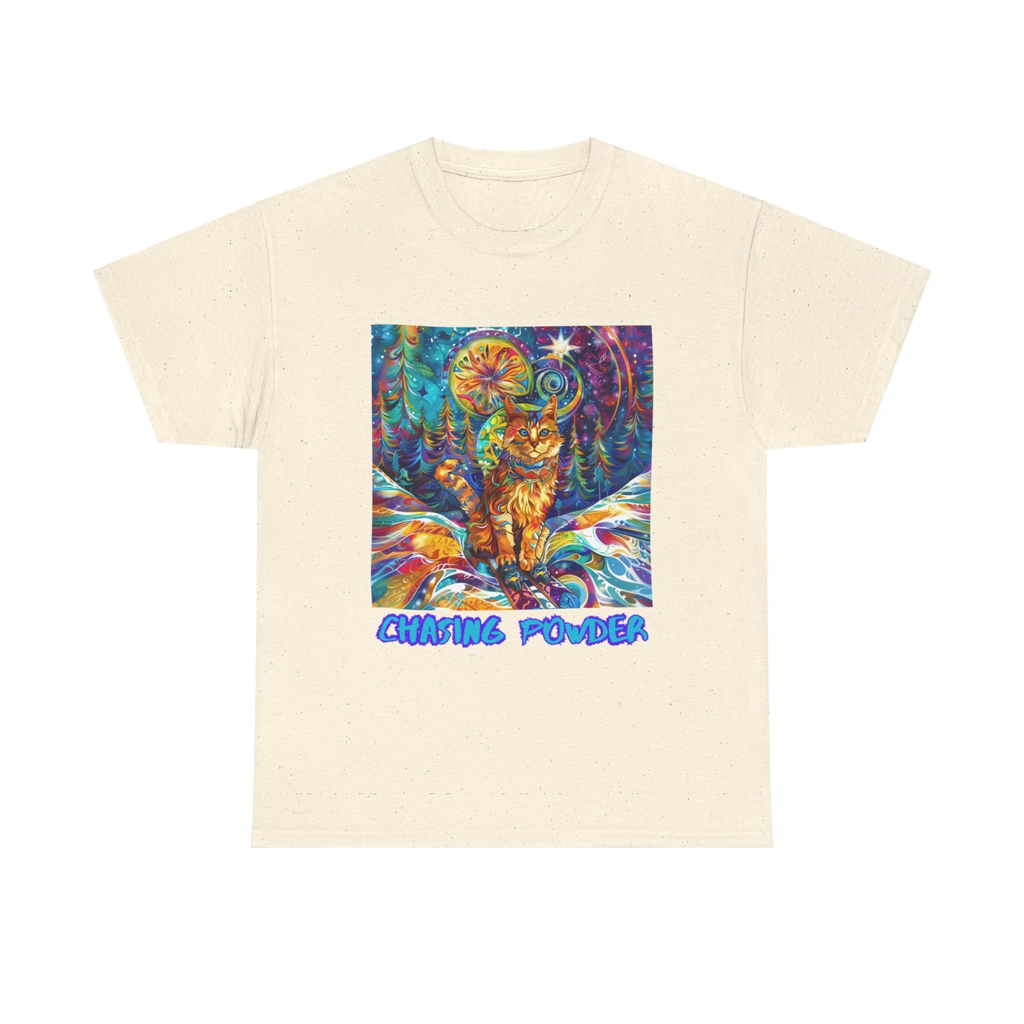 Chasing Powder - Snow, Snowboard Winter Sports Cat (V3) Cat Art Graphic Tee, Ski Gift - Cool Cats Unisex Heavy Cotton Tee T-Shirt