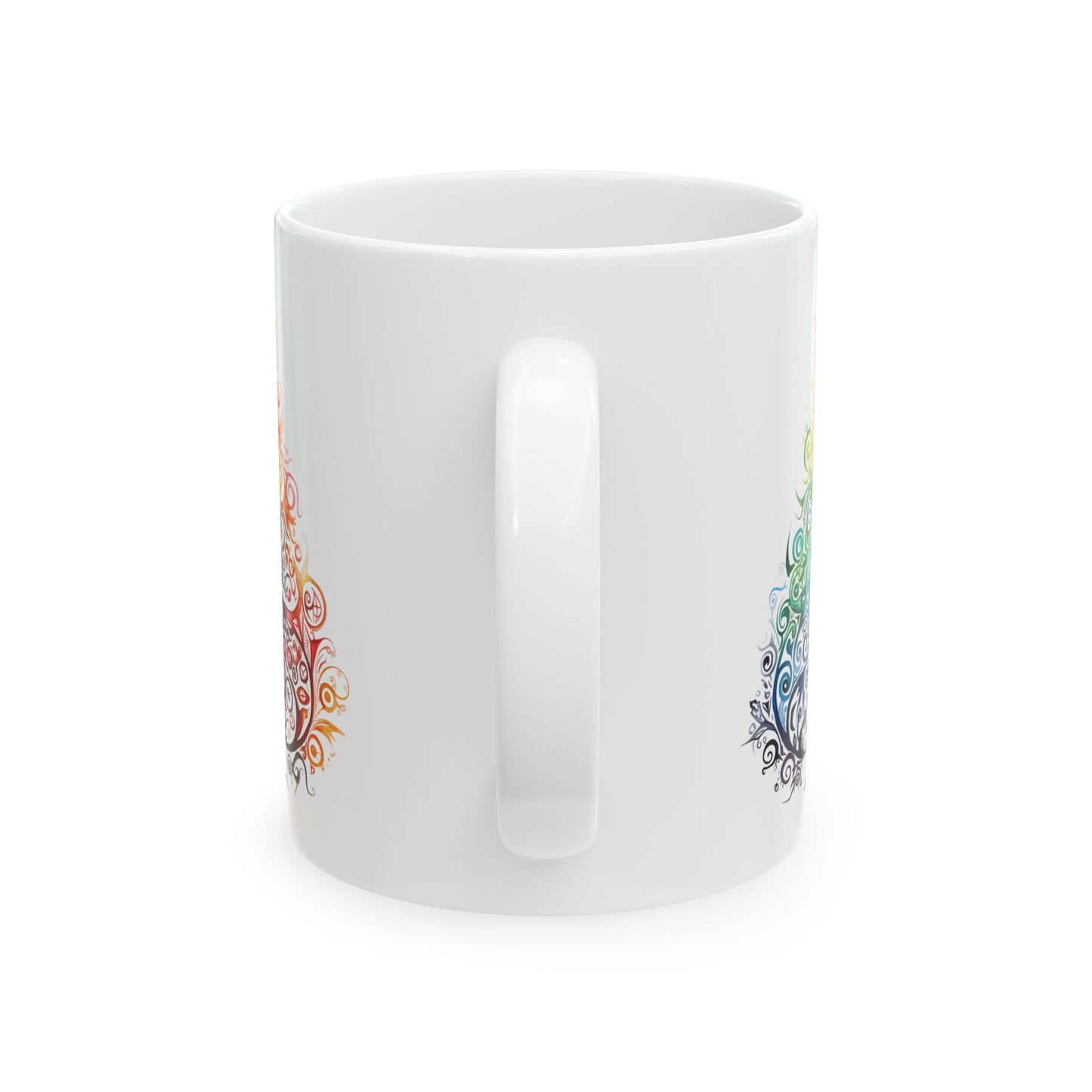 Tribal Art Style Christmas Tree Gift Mug, Printed Art, Christmas Family Artistic Tree, Ceramic Mug 11oz Colorful, Bright and Cheery