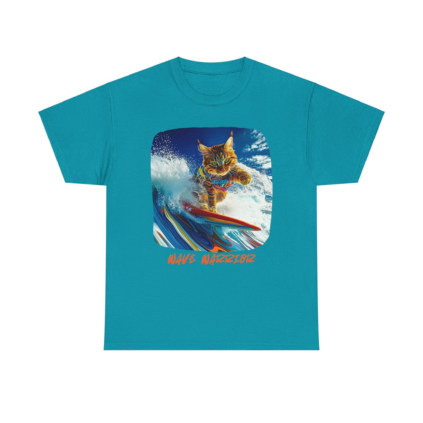 Wave Warrior Surfer Surfing Cat, Cat on Surfboard Graphic Tee reads "Wave Warrior" Surf Life Cat ,Art Gift - Cool Cats Unisex Heavy Cotton Tee T-Shirt