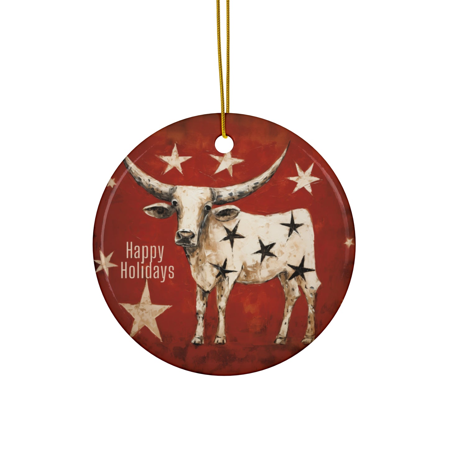 Texas Longhorn Texas Stars Christmas Greeting Ceramic Tree Ornament. Happy Holiday Southern Greeting Gift