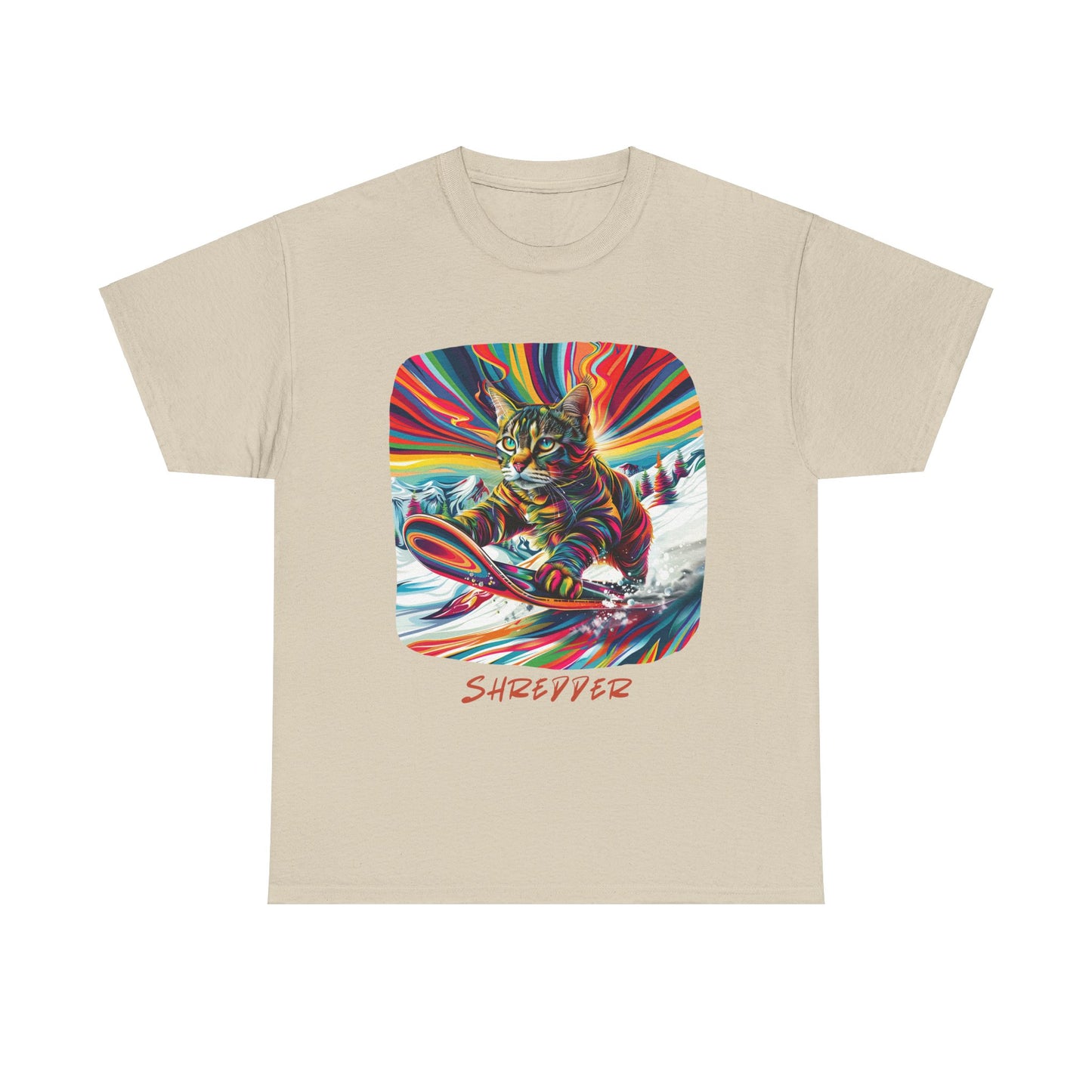 Shredder Snowboard Cat Graphic Tee - Extreme Winter Sports Ski Cat Art Gift - Cool Cats Unisex Heavy Cotton Tee T-Shirt