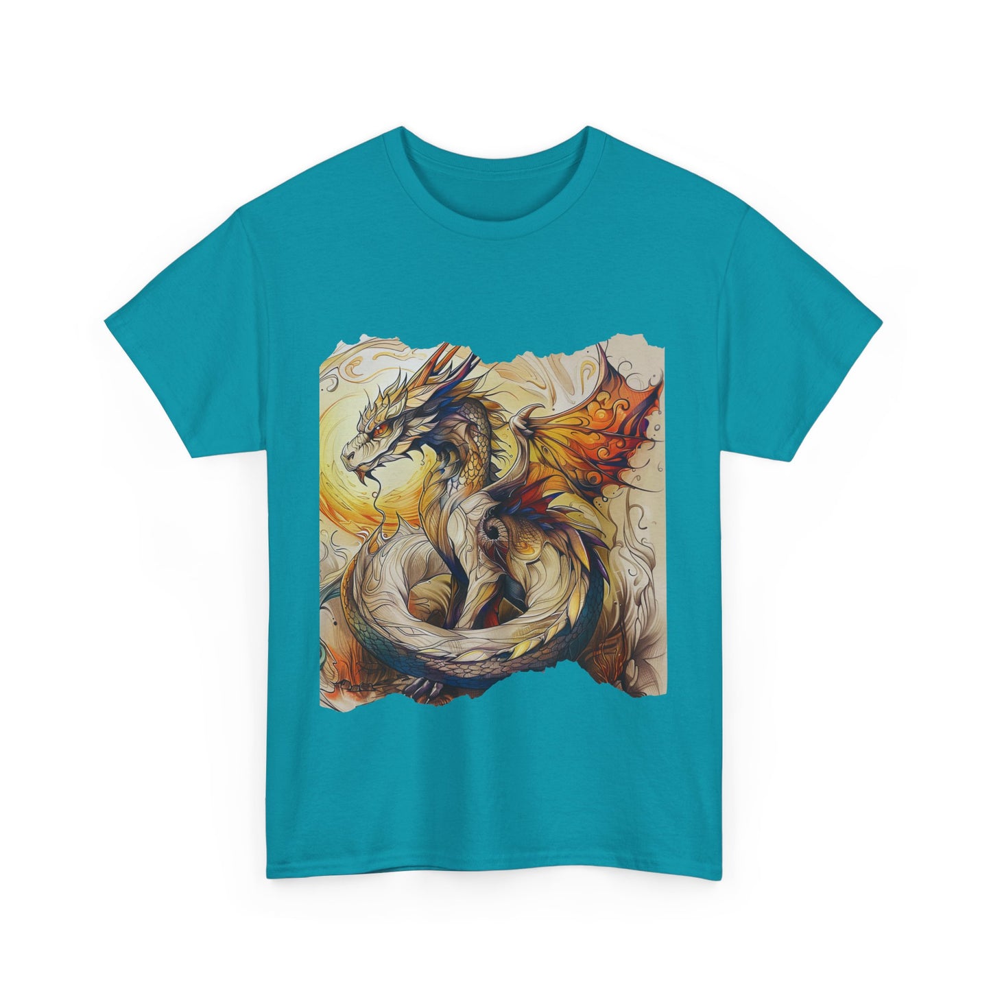 Dragons Yellow Sun Graphic Tee - Dragons and Ancestors - Dragon Lovers Unisex Heavy Cotton Tee T-Shirt