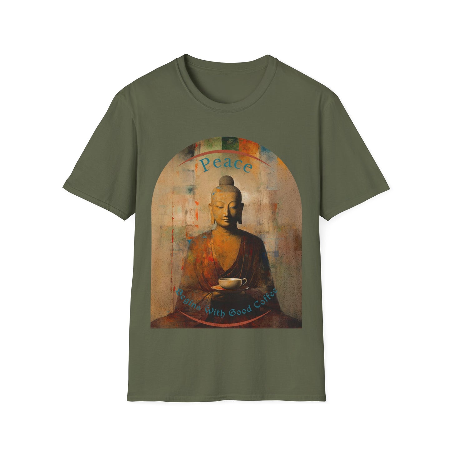 Coffee Lover Peace Gift, Peace Begins with Good Coffee Buda Buddha Budda Unisex Jersey Short Sleeve Tee Shirt, Softstyle T-Shirt Men Woman