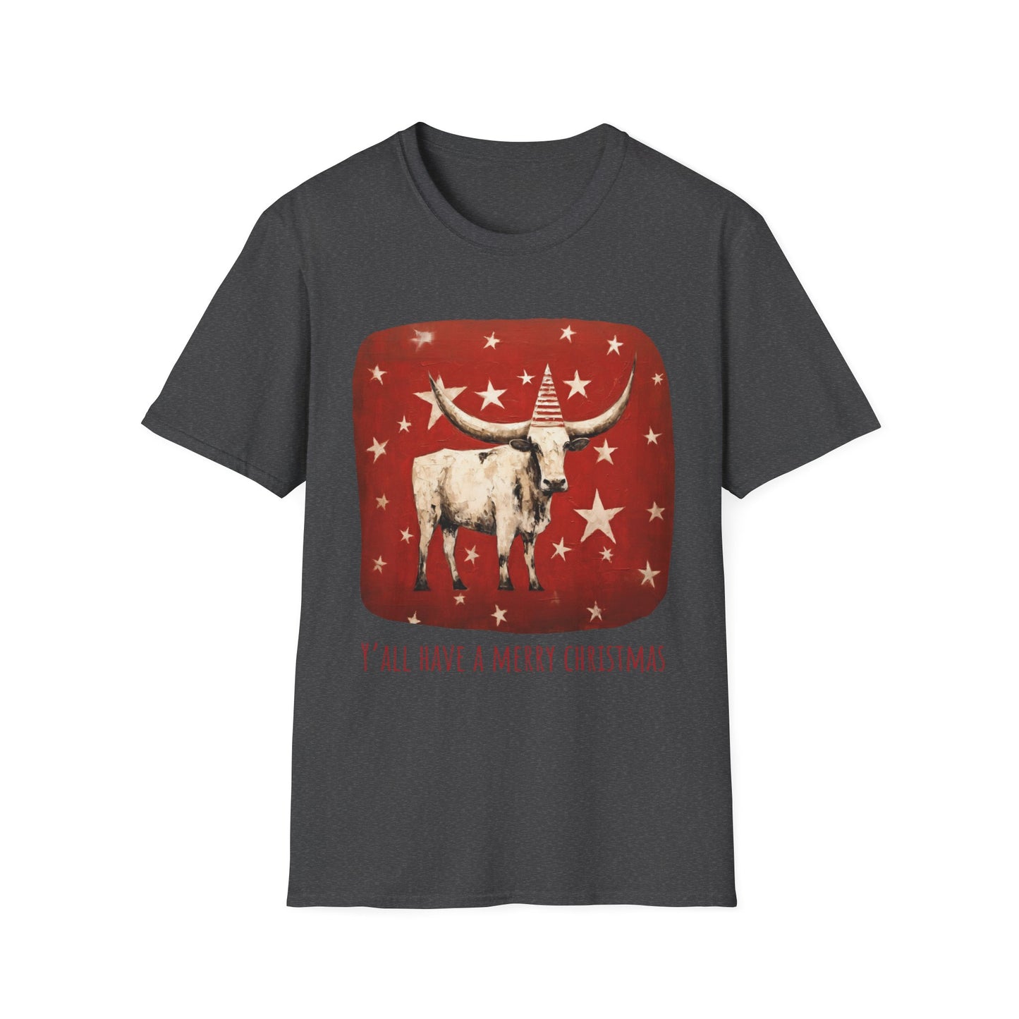 "Y'all Have a Merry Christmas" Southern Christmas Greeting, Longhorn Cattle Rodeo Shirt, Longhorn Cattle Texas Oklahoma Gift Unisex Tee Shirt, T-Shirt Graphic Tee T-Shirt