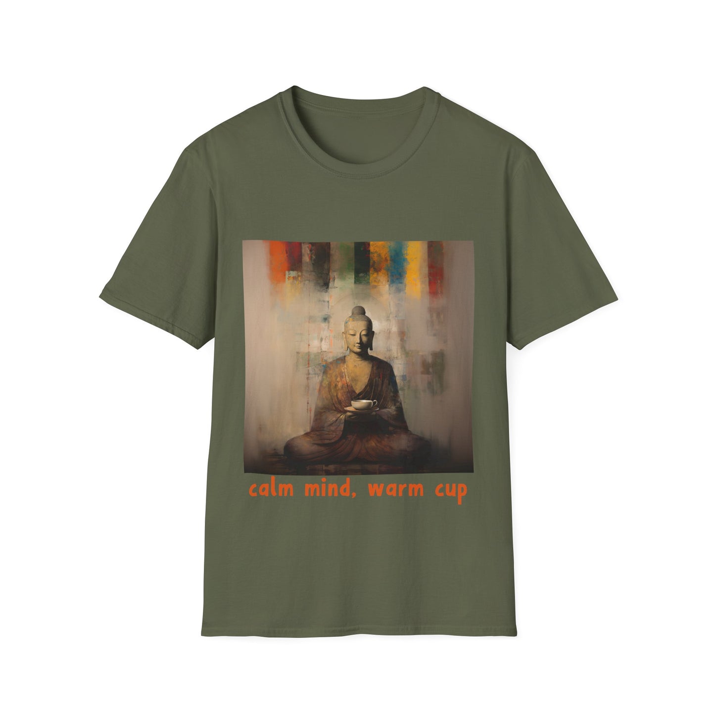 Calm Mind, Warm Cup Coffee Lover Peace Gift, Zen Coffee Buda Buddha Budda Unisex Jersey Short Sleeve Tee Shirt, Softstyle T-Shirt Men Woman