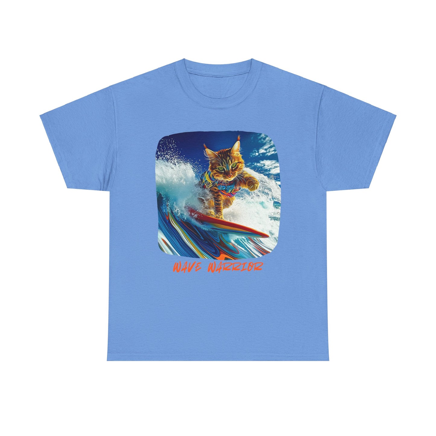 Wave Warrior Surfer Surfing Cat, Cat on Surfboard Graphic Tee reads "Wave Warrior" Surf Life Cat ,Art Gift - Cool Cats Unisex Heavy Cotton Tee T-Shirt