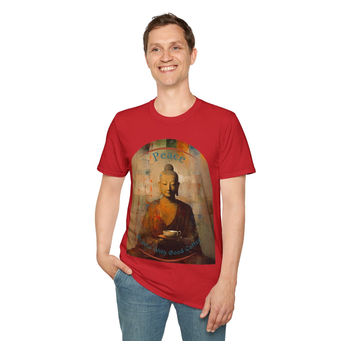 Coffee Lover Peace Gift, Peace Begins with Good Coffee Buda Buddha Budda Unisex Jersey Short Sleeve Tee Shirt, Softstyle T-Shirt Men Woman