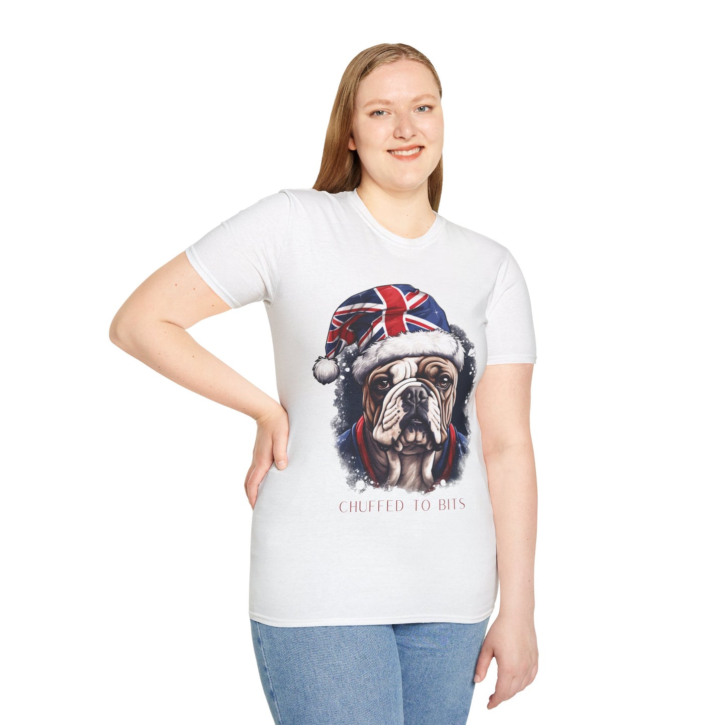 English Bulldog, Chuffed To Bits T-Shirt, British Union Jack, Mens Womans Unisex Shirt Softstyle T-Shirt Teeshirt Anglophile