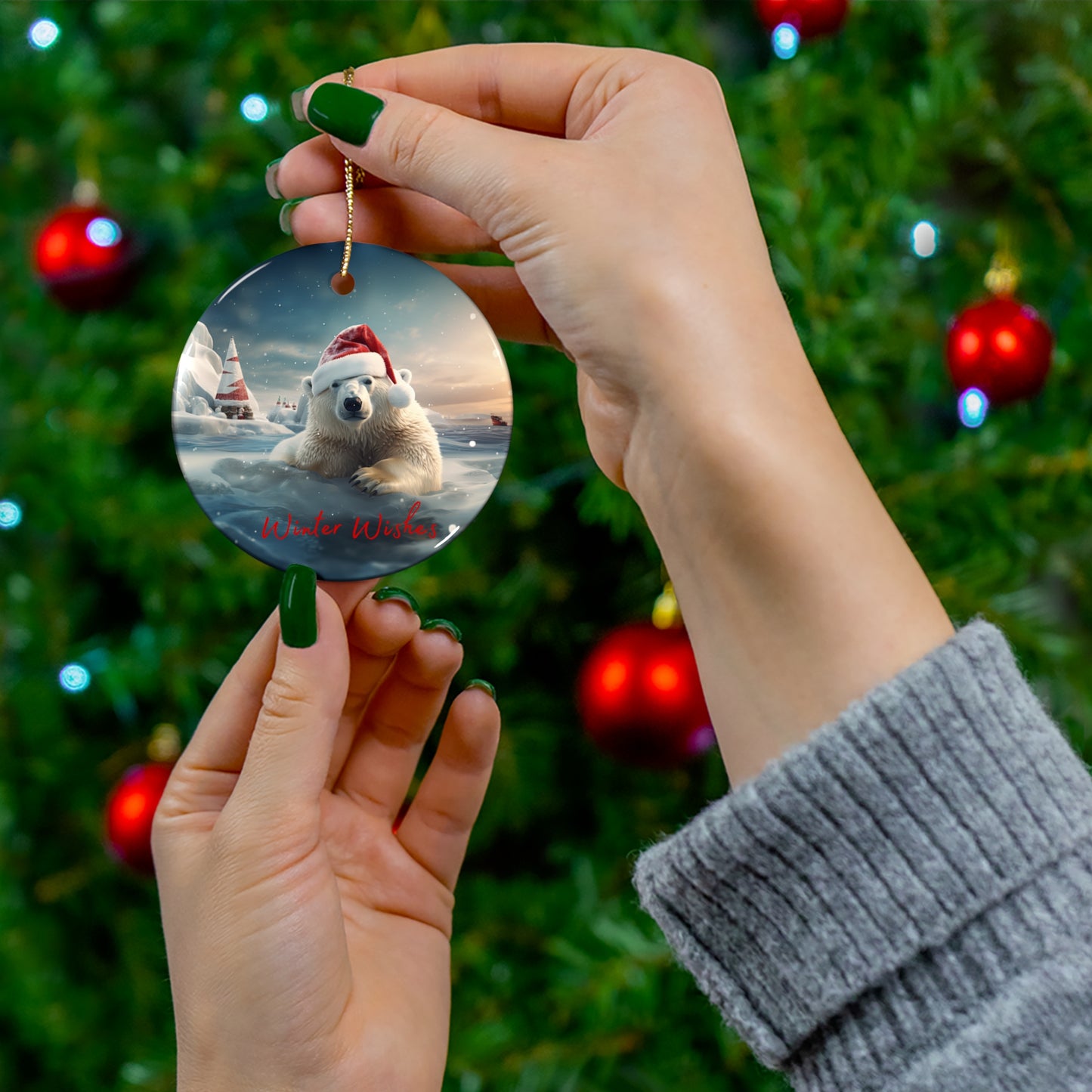 Polar Bear "Winter Wishes" Iceberg, Conservation Santa North Pole Christmas Greetings - Christmas Tree Keepsake Ornament Ceramic - Winter Wishes