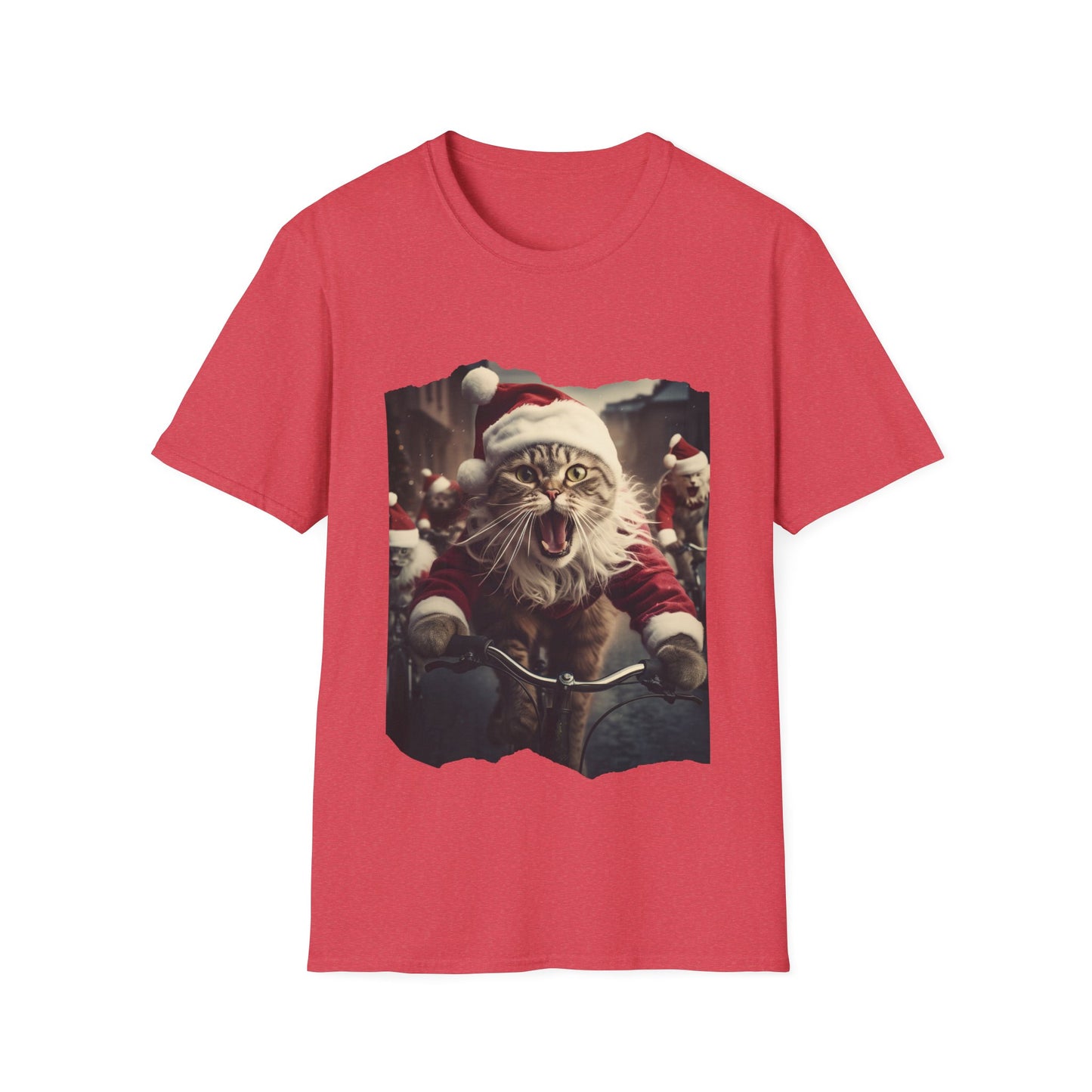 Screaming Cats on Bikes Holiday Christmas Cat Shirt, Cat Lover's Graphic Tee Graphic Unisex T- Shirt, T-Shirt Cat Lovers Gift Softstyle T-Shirt Tee Christmas JumperTeeshirt Stylized Cat