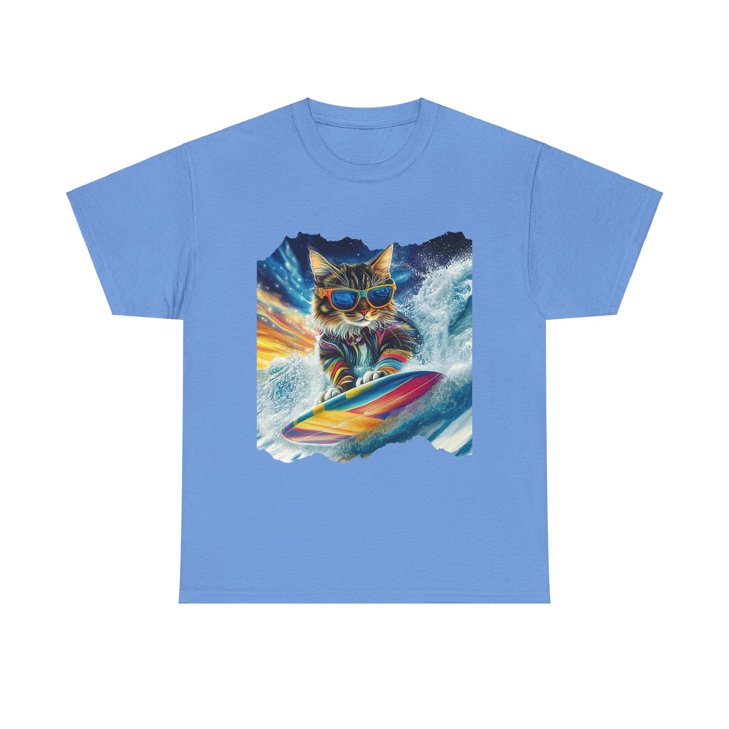 Surfer Surfing Cat, (Ver 2) Cat on Surfboard Graphic Tee- Water Sports Cat (V1) Cat Art Gift - Cool Cats Unisex Heavy Cotton Tee T-Shirt
