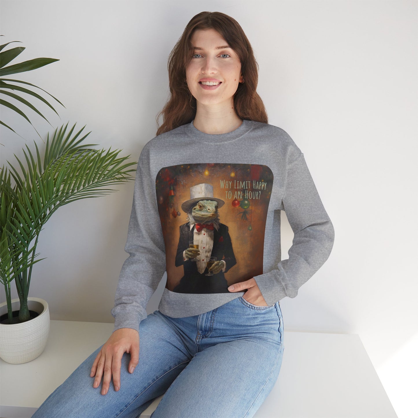 Cocktails -"Why Limit Happy to an Hour?"- Holiday Drinking Party Shirt, Iguana Gifts, Holiday Jumper Unisex Sweatshirt