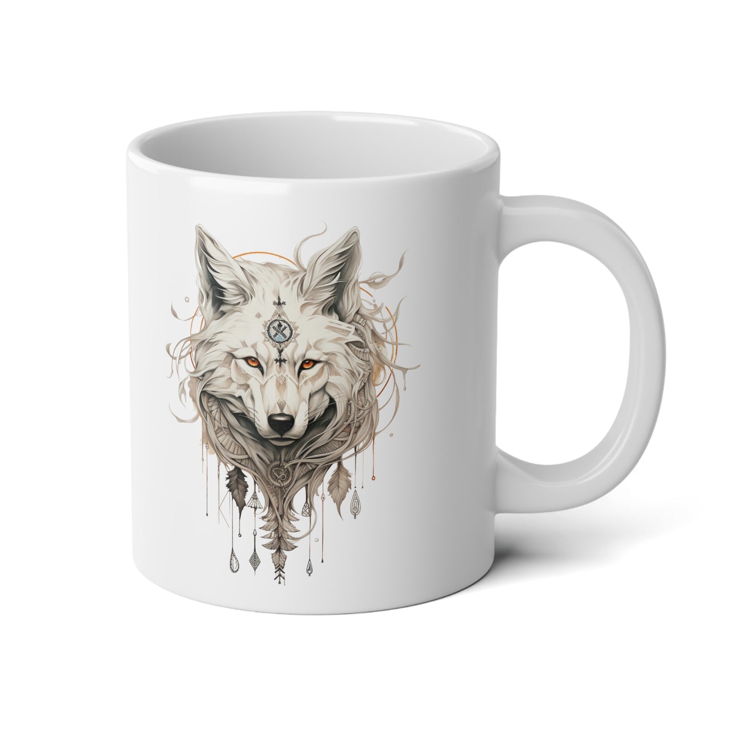 White Wolf Totem, Wolf Tribal Style Christmas Gift Mug, Jumbo 20 oz Mug XL Size Mug- White Wolf Medicine Christmas Gift