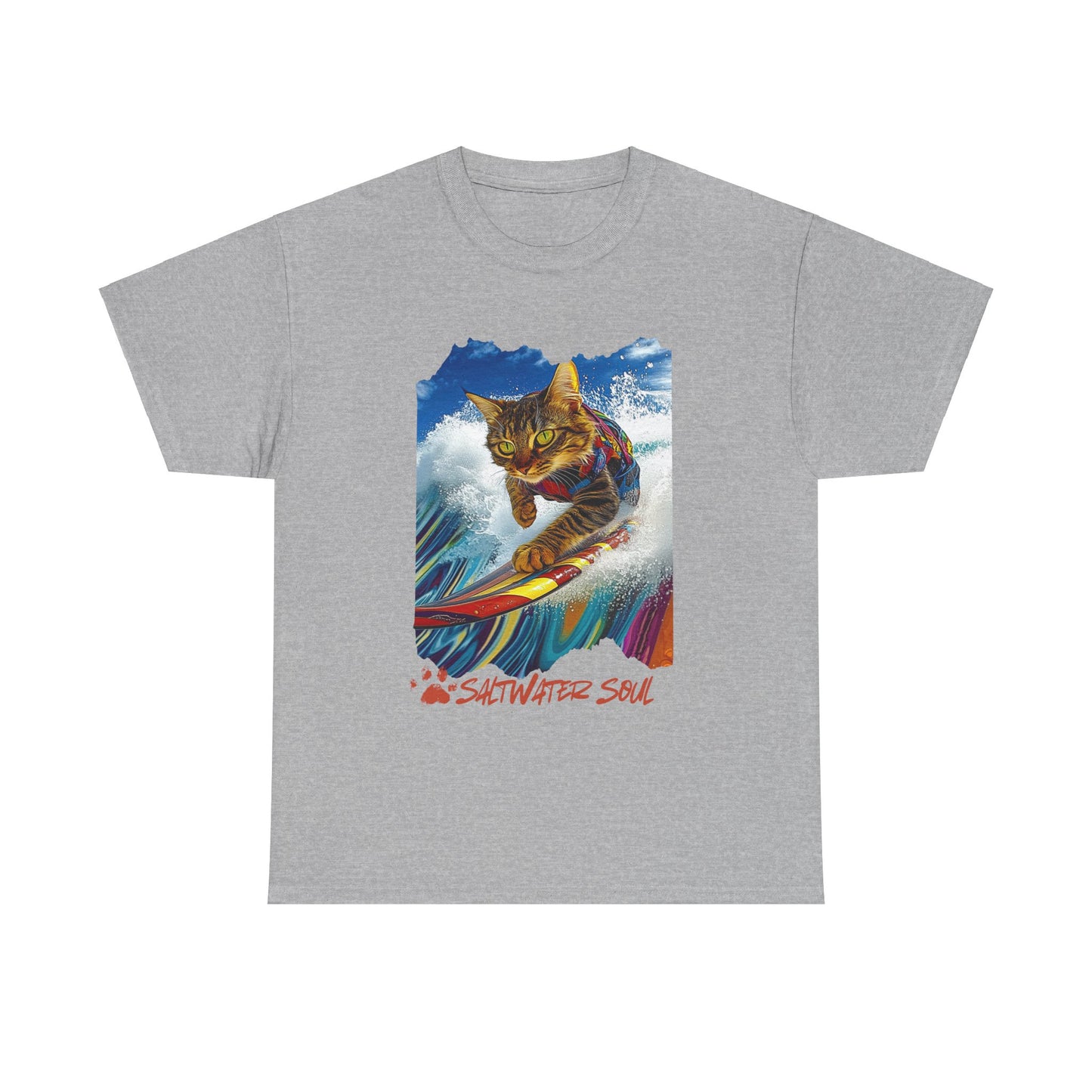 Saltwater Soul Surfer Cat, T-shirt, Cat on Surfboard Graphic Tee- Water Sports Cat Cat Art Gift - Cool Cats Unisex Heavy Cotton Tee T-Shirt