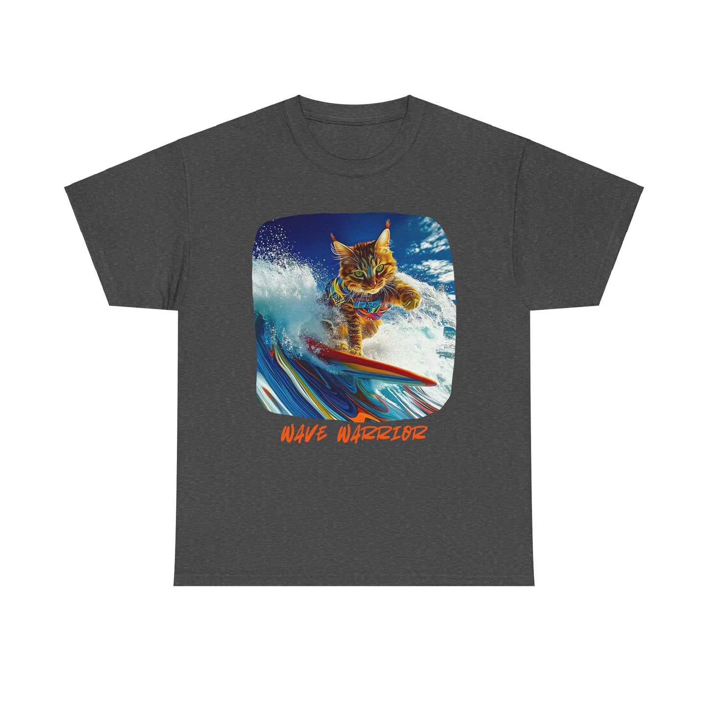 Wave Warrior Surfer Surfing Cat, Cat on Surfboard Graphic Tee reads "Wave Warrior" Surf Life Cat ,Art Gift - Cool Cats Unisex Heavy Cotton Tee T-Shirt