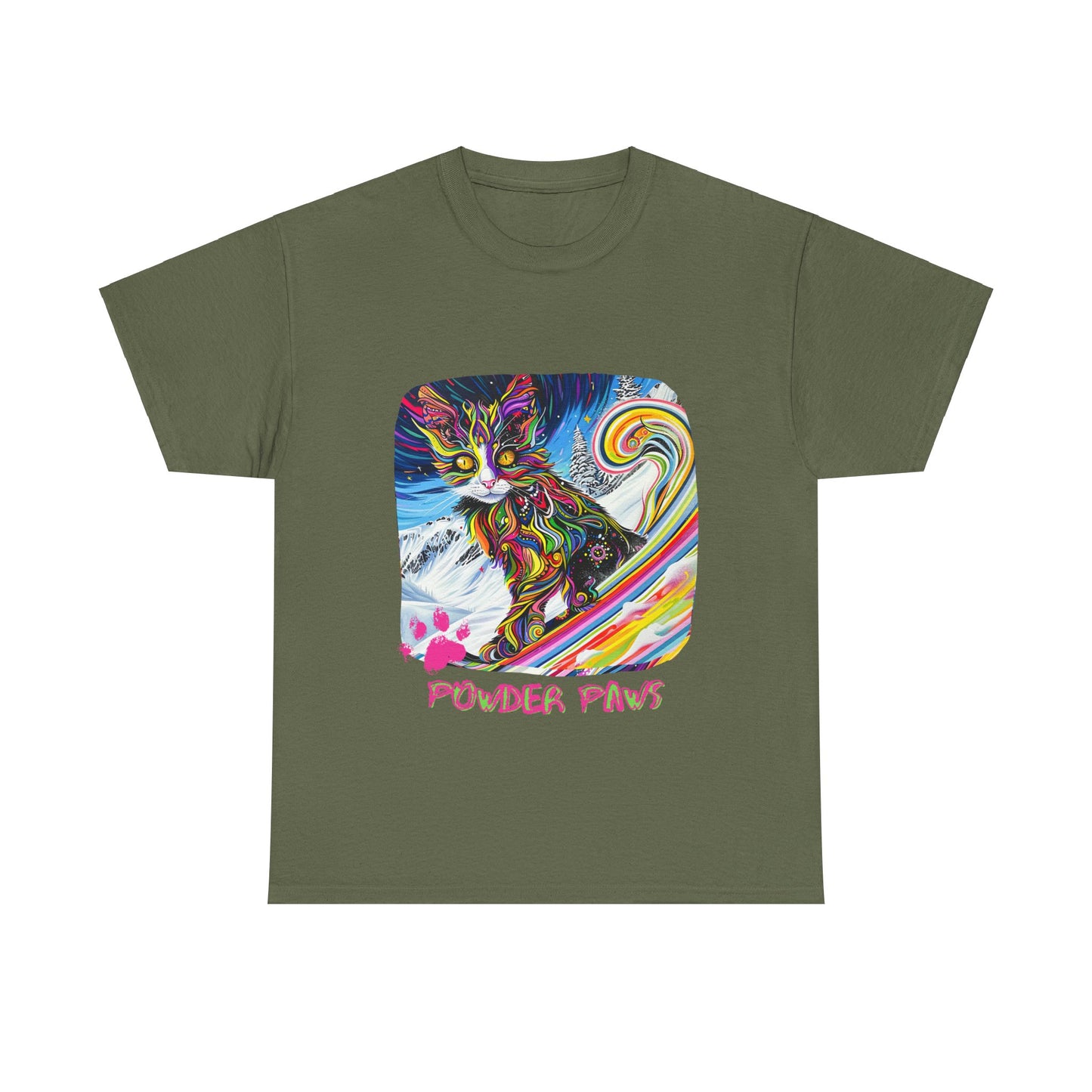 Powder Paws Snow, Snowboard Winter Sports Cat - Cat Art Graphic Tee, Ski Gift - Cool Cats Unisex Heavy Cotton Tee T-Shirt