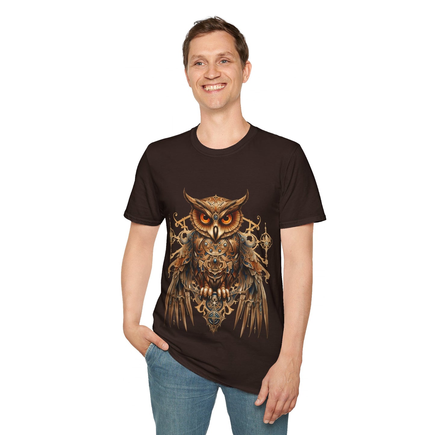 Steampunk Art Deco Style Owl II, Golden Owl Shirt, 1920's Owl Gift Unisex Tee Shirt, T-Shirt Softstyle T-Shirt Tee Teeshirt