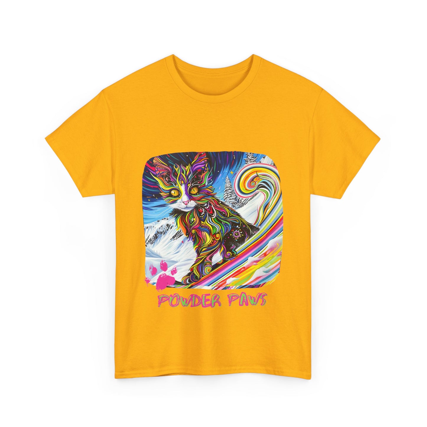 Powder Paws Snow, Snowboard Winter Sports Cat - Cat Art Graphic Tee, Ski Gift - Cool Cats Unisex Heavy Cotton Tee T-Shirt