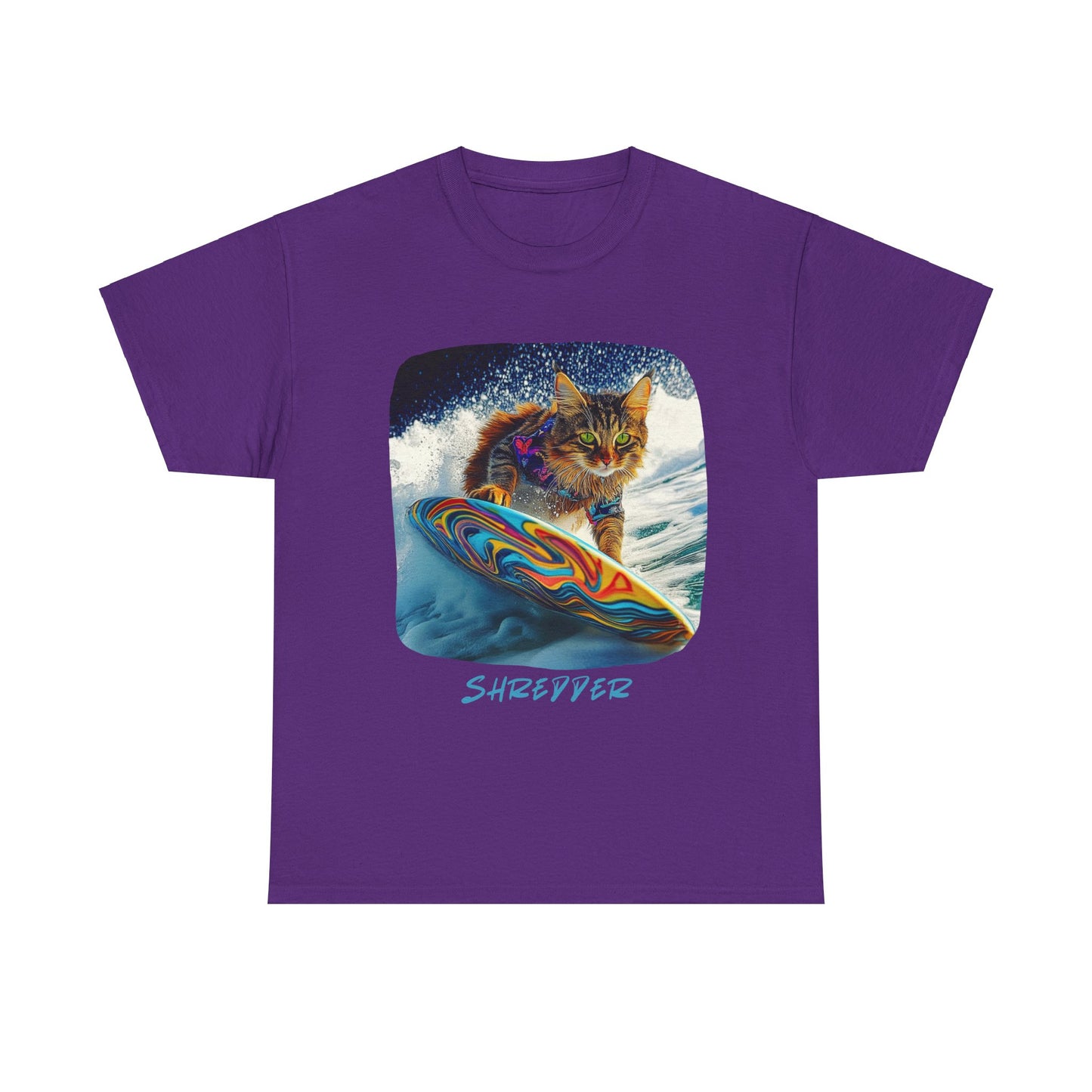 Shredder Surfer Cat, "Shredder" T-shirt, Cat on Surfboard Graphic Tee- Water Sports Cat (V1) Cat Art Gift - Cool Cats Unisex Heavy Cotton Tee T-Shirt