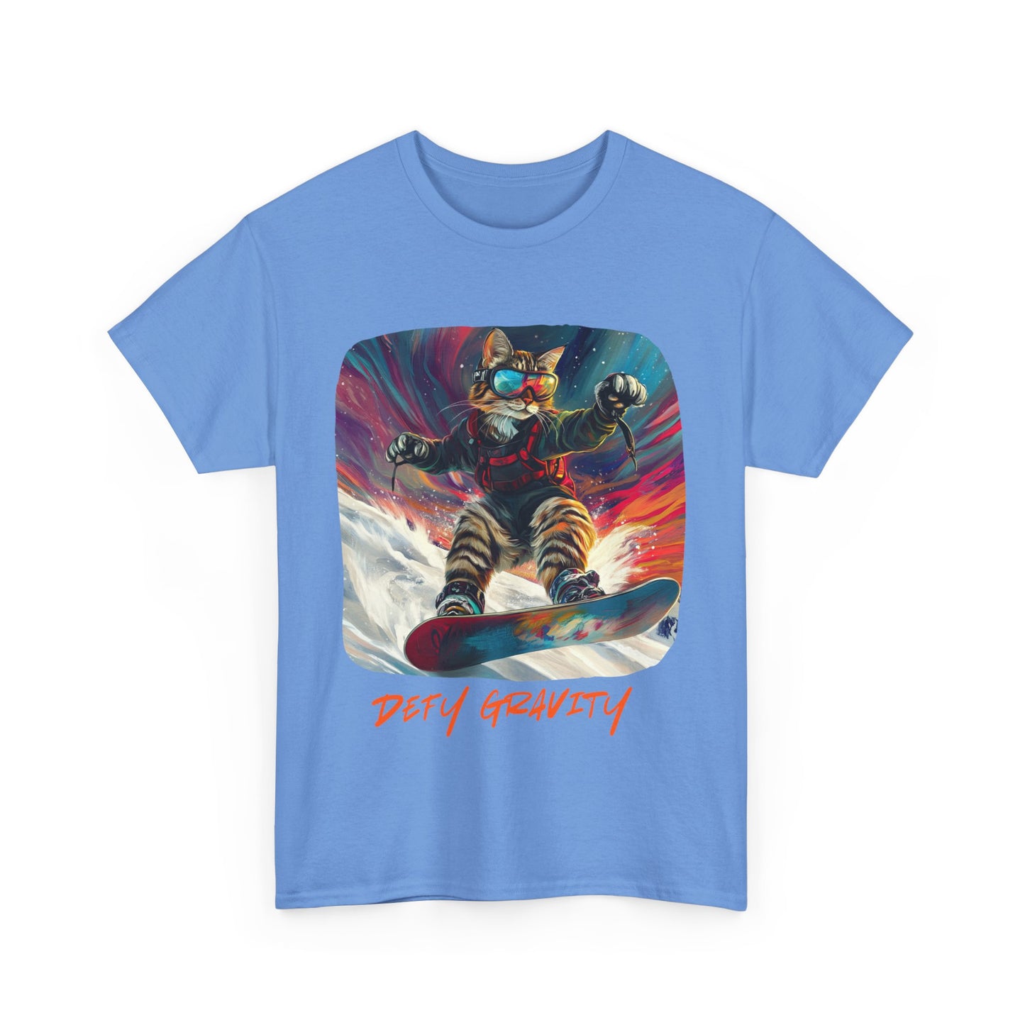 Defy Gravity Snowboard Cat Graphic Tee - Extreme Winter Sports Ski Cat Art Gift - Cool Cats Unisex Heavy Cotton Tee T-Shirt