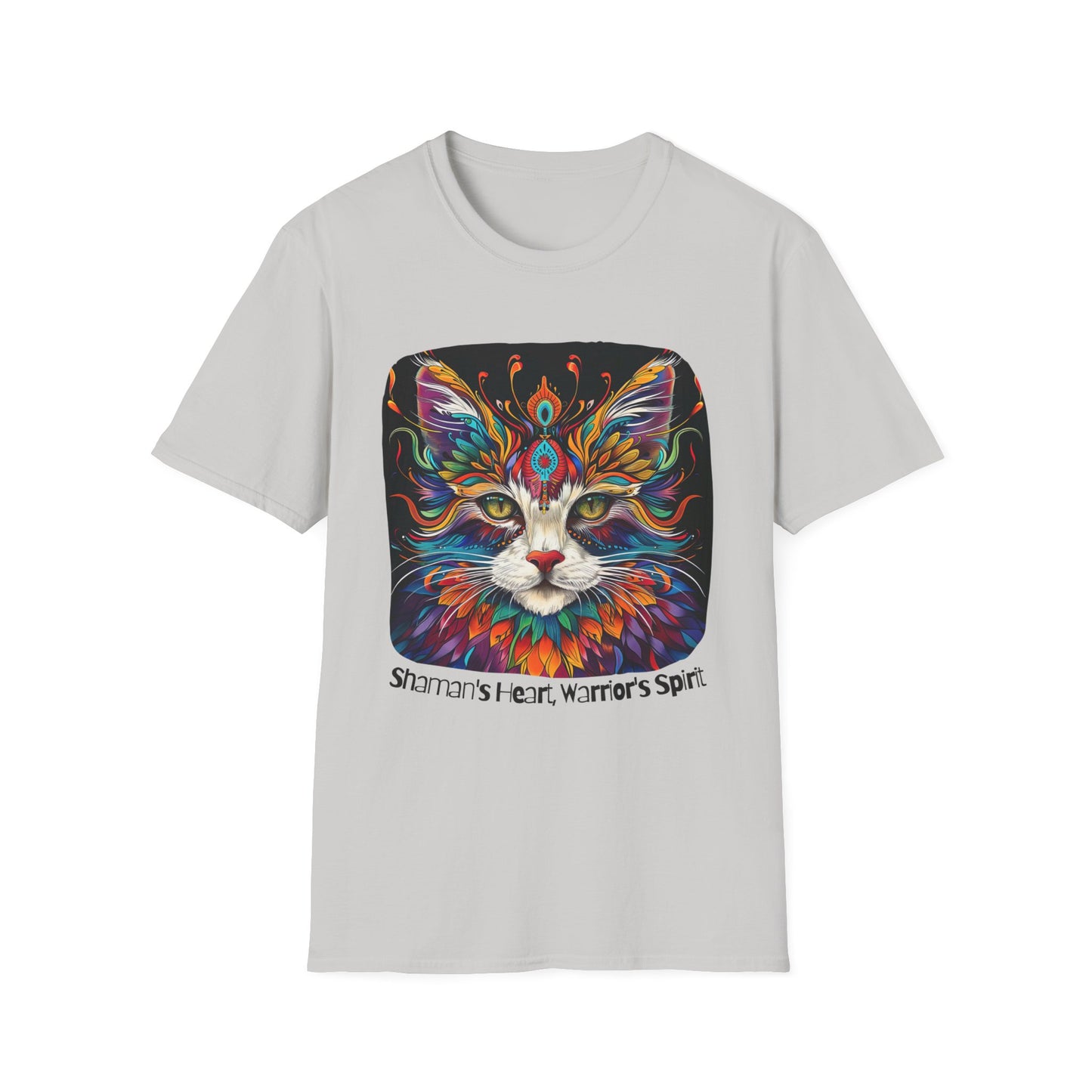 Shaman's Heart, Warrior's Spirit Graphic Cat Tee, Cat Lover's Graphic Tee Graphic Unisex T- Shirt, T-Shirt Cat Lovers Gift Softstyle T-Shirt Tee Teeshirt Stylized Cat