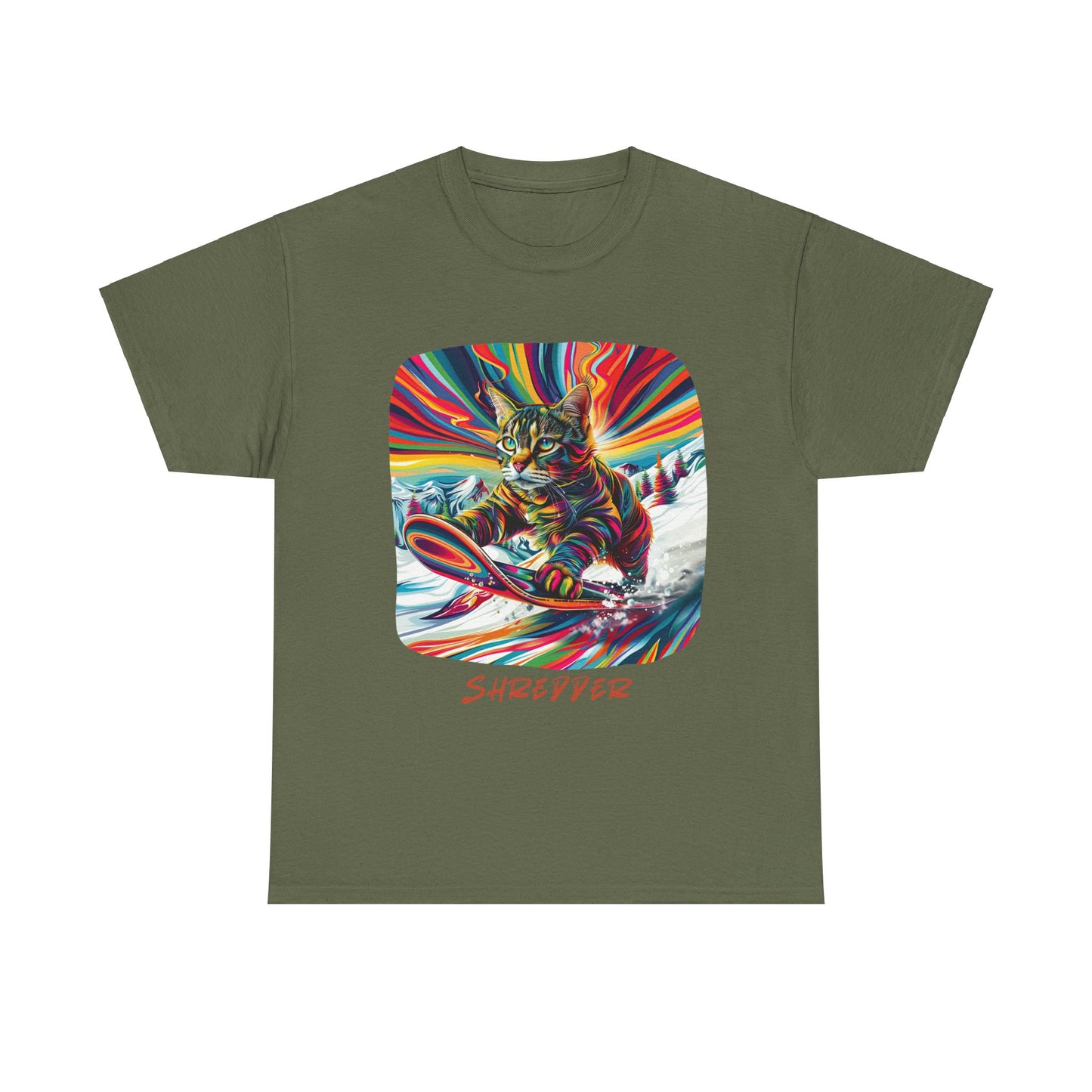 Shredder Snowboard Cat Graphic Tee - Extreme Winter Sports Ski Cat Art Gift - Cool Cats Unisex Heavy Cotton Tee T-Shirt
