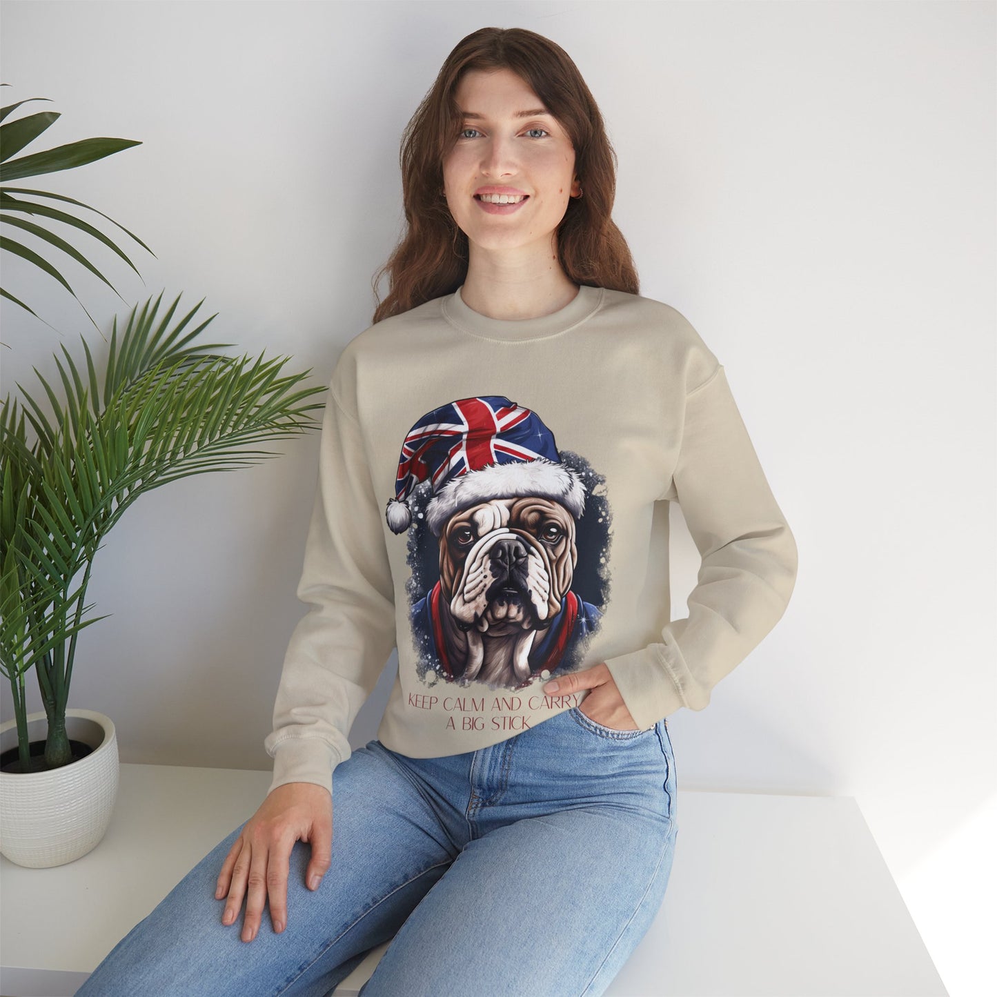 British English Bulldog - Keep Calm and Carry a Big Stick Union Jack Unisex Long Sleeve Jersey Cotton Shirt Mens Women Sweatshirt Sweat Shirt