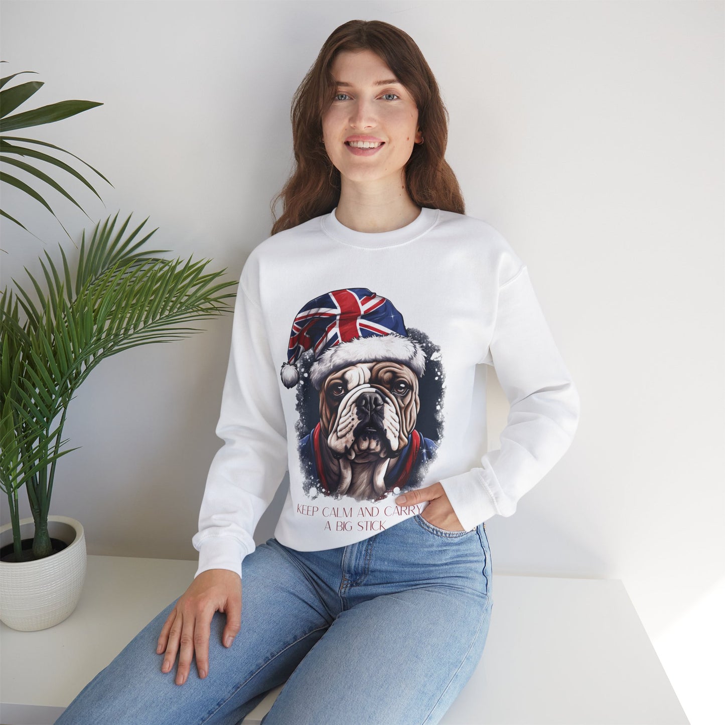 British English Bulldog - Keep Calm and Carry a Big Stick Union Jack Unisex Long Sleeve Jersey Cotton Shirt Mens Women Sweatshirt Sweat Shirt