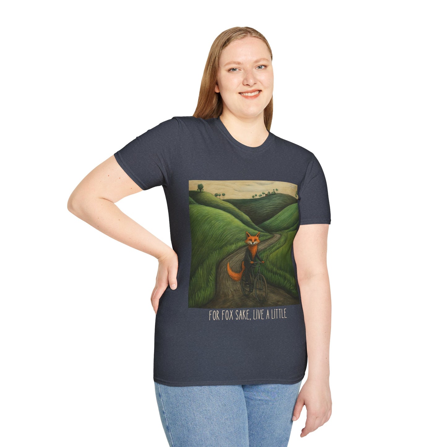 For Fox Sake, Live a Little - Red Fox on a Bicycle- Fox or Cycling Lover's Gift Unisex Tee Shirt, T-Shirt, Fox Lovers Gift Softstyle T-Shirt Tee Teeshirt