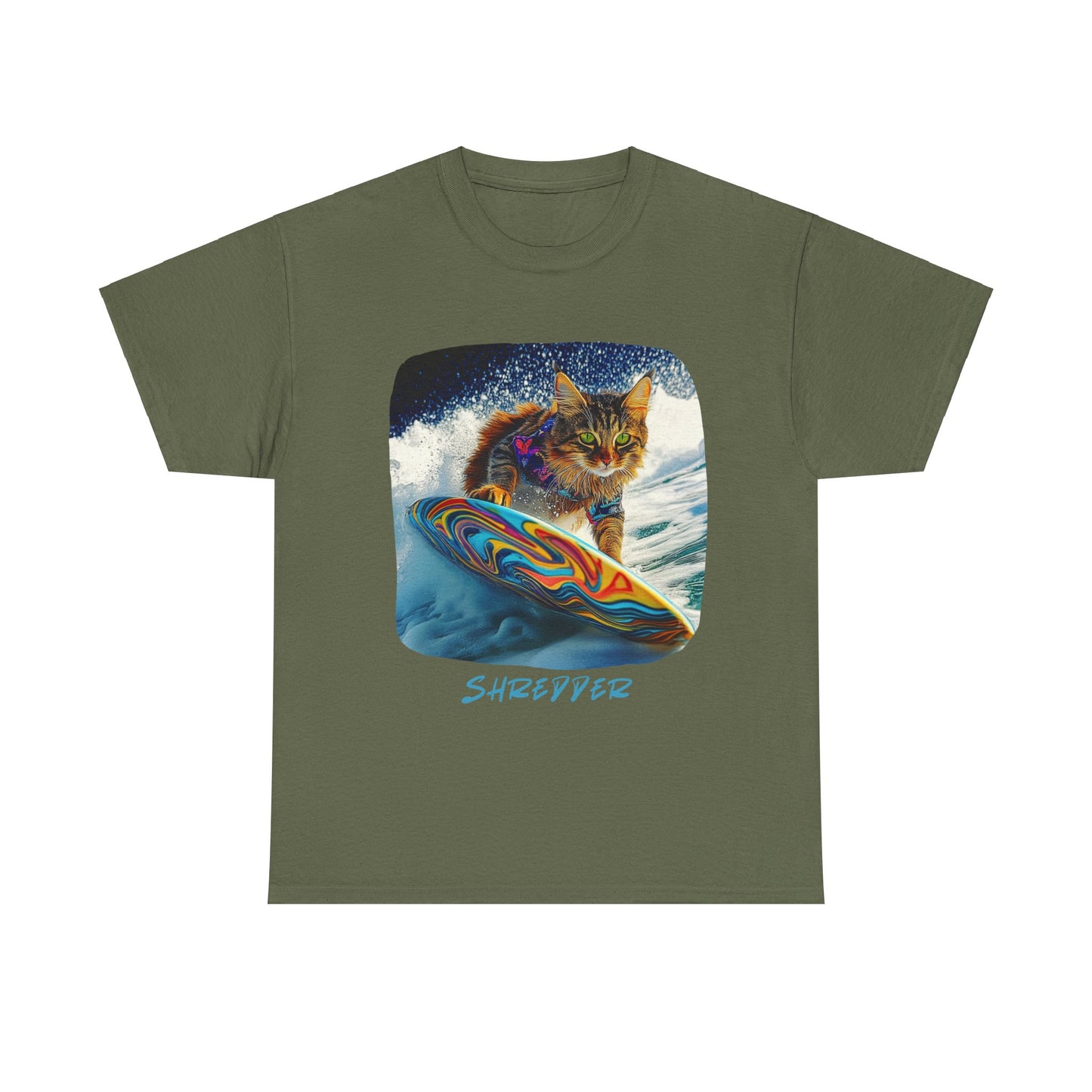 Shredder Surfer Cat, "Shredder" T-shirt, Cat on Surfboard Graphic Tee- Water Sports Cat (V1) Cat Art Gift - Cool Cats Unisex Heavy Cotton Tee T-Shirt