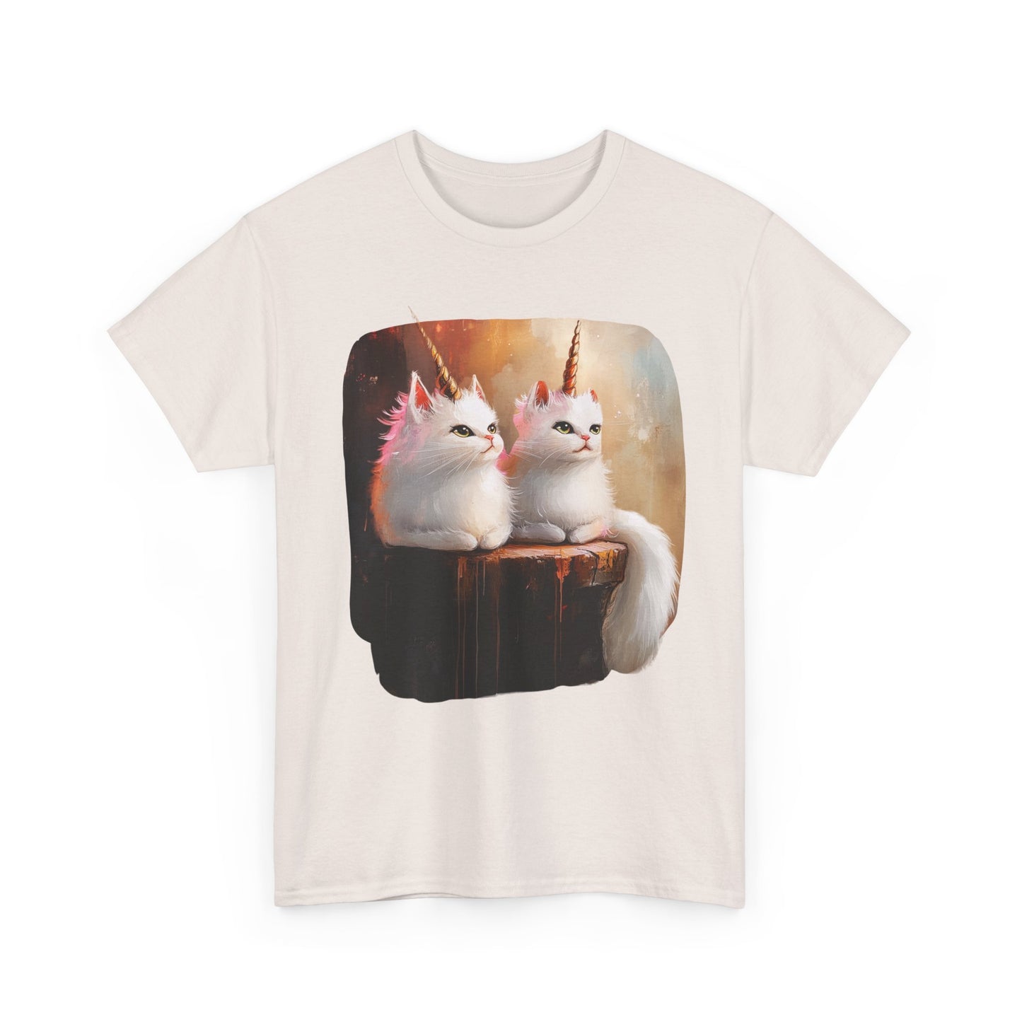 Fluffy White Kawaii Unicorn Cat Graphic Tee - Cat Unicorn Mythical Creature Gift Unisex Adult Size Heavy Cotton Tee T-Shirt