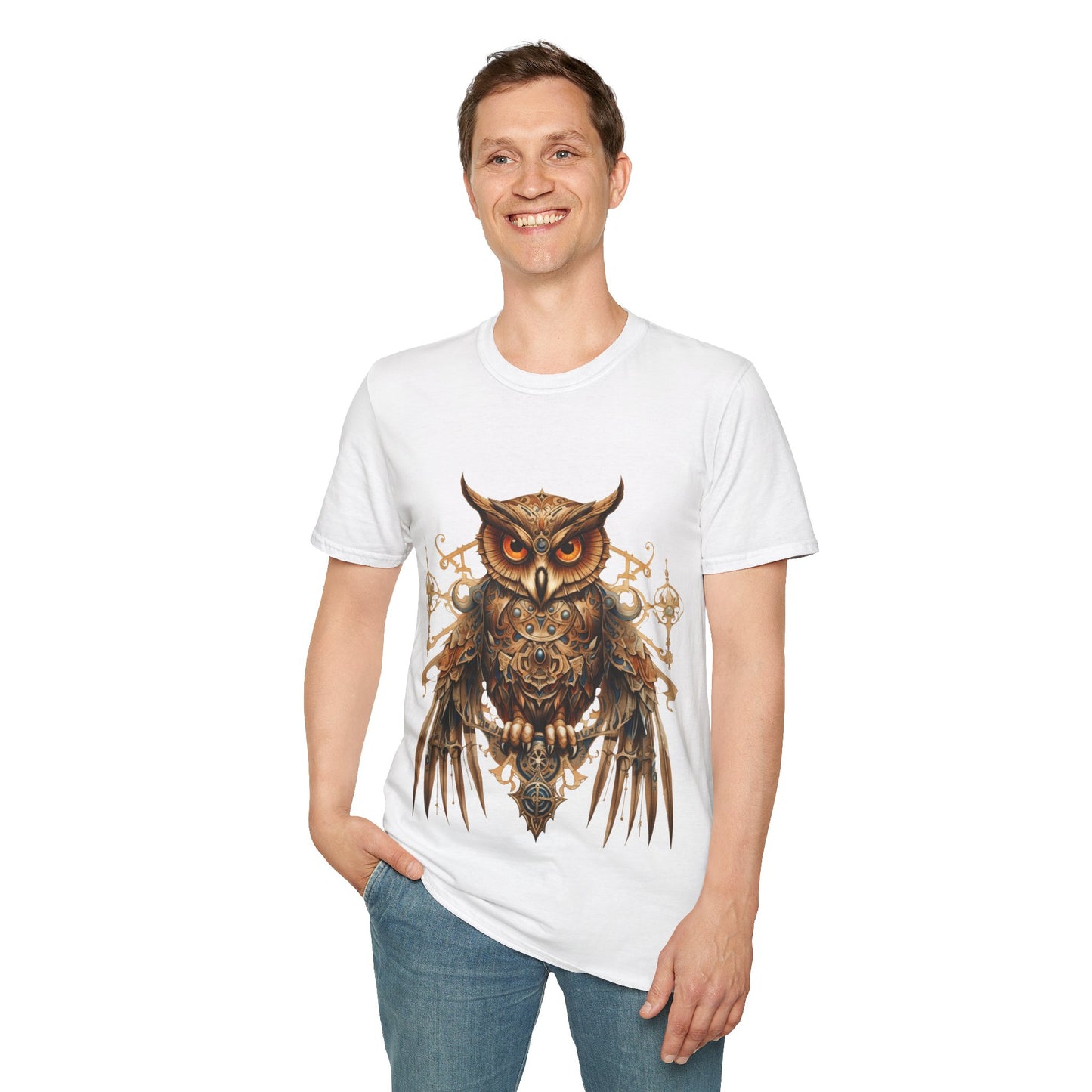 Steampunk Art Deco Style Owl II, Golden Owl Shirt, 1920's Owl Gift Unisex Tee Shirt, T-Shirt Softstyle T-Shirt Tee Teeshirt