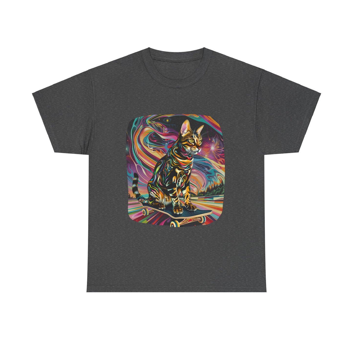 Skateboard Cat, (V2) Skater Cat Art Gift - Cool Cats Unisex Heavy Cotton Tee T-Shirt