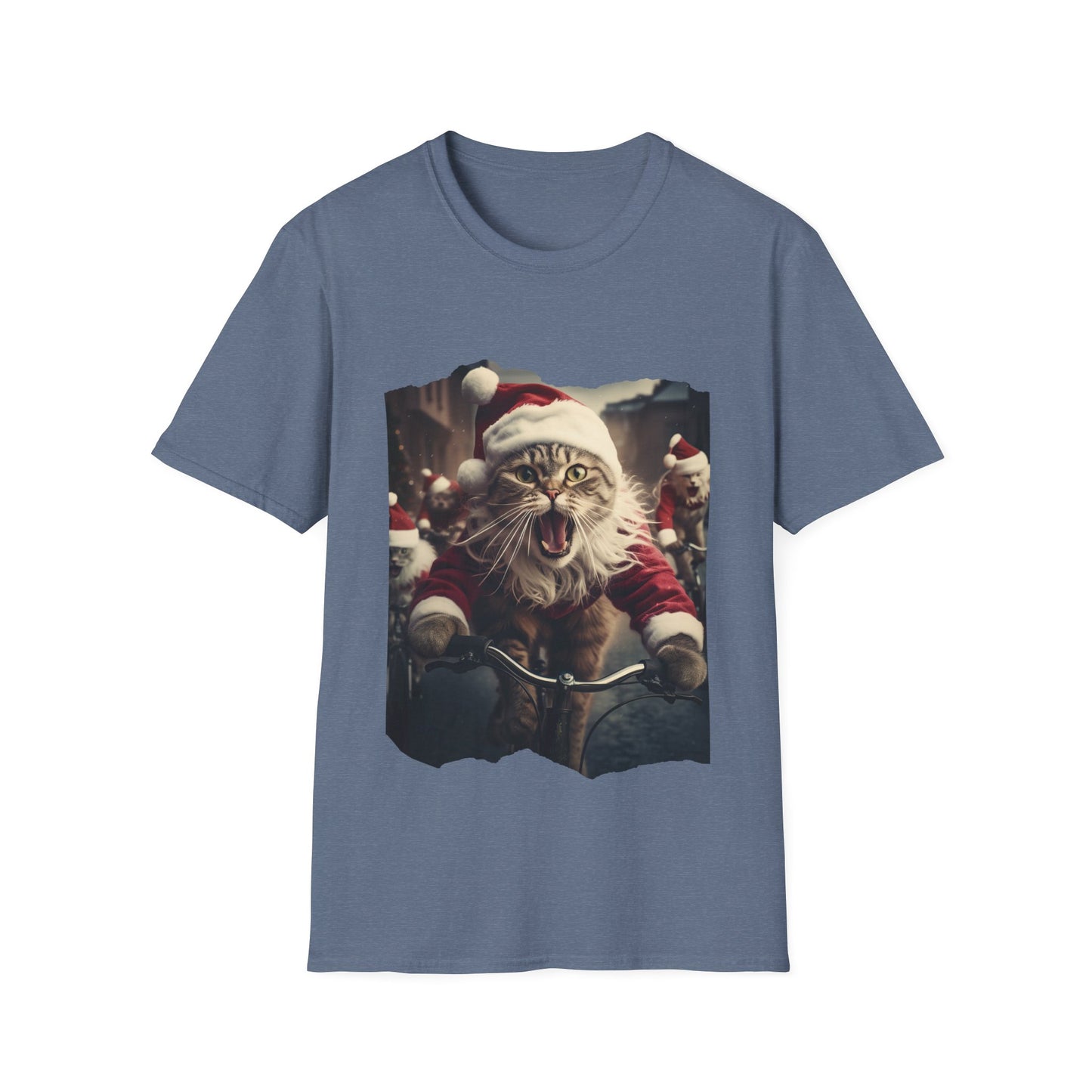 Screaming Cats on Bikes Holiday Christmas Cat Shirt, Cat Lover's Graphic Tee Graphic Unisex T- Shirt, T-Shirt Cat Lovers Gift Softstyle T-Shirt Tee Christmas JumperTeeshirt Stylized Cat