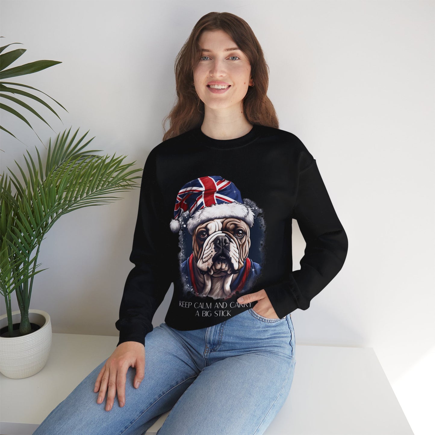 British English Bulldog - Keep Calm and Carry a Big Stick Union Jack Unisex Long Sleeve Jersey Cotton Shirt Mens Women Sweatshirt Sweat Shirt