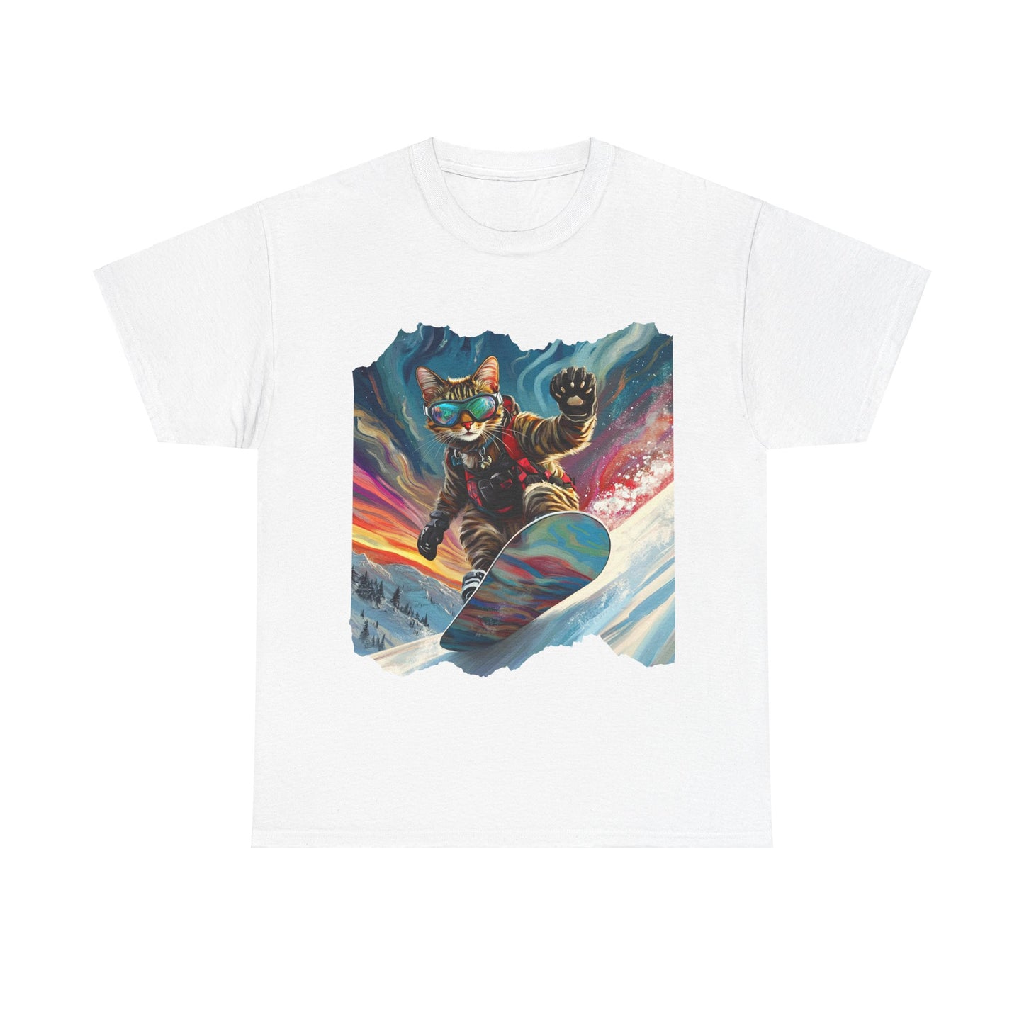 Snowboard Cat, Winter Ski Cat Art Gift - Cool Cats Unisex Heavy Cotton Tee T-Shirt