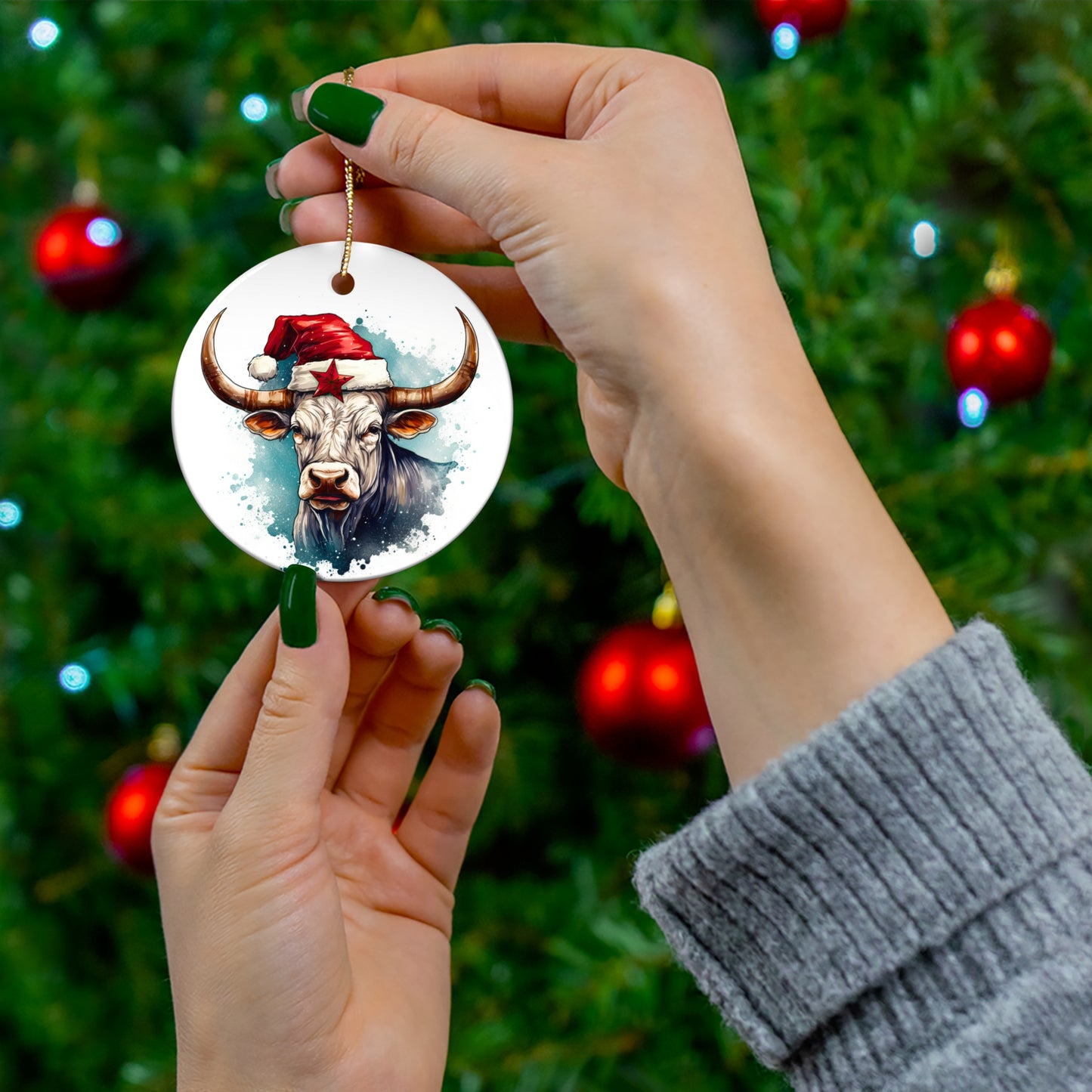 Longhorn with Santa Christmas Hat, Ceramic Tree Ornament. Cattle Cow Country Texas Oklahoma Christmas Gift