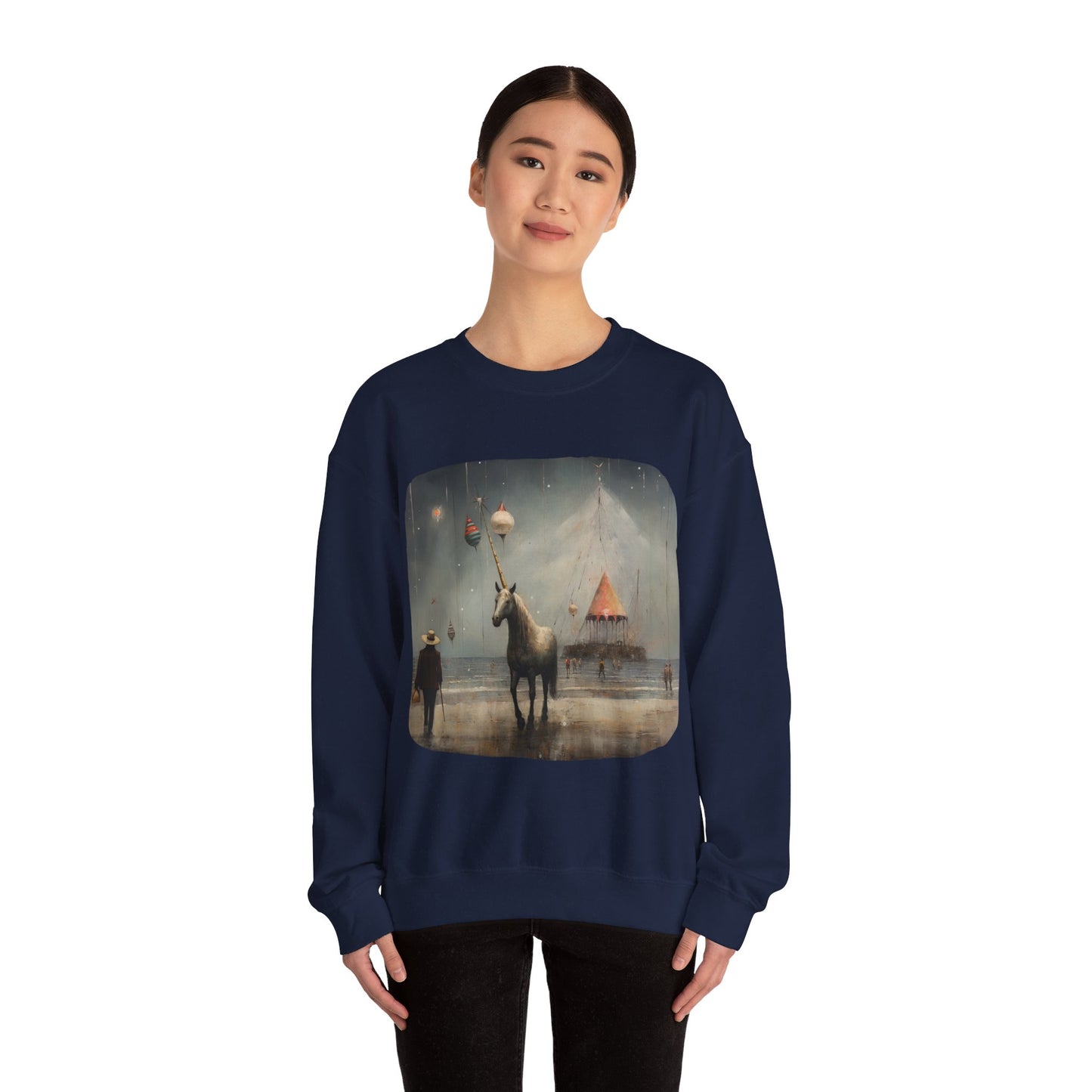 Unicorn on a Pier, Lone Unicorn Holiday Sweatshirt, Whimsical HolidayUnicorn Gift, Christmas Shirt Unisex Sweatshirt Sweat Shirt