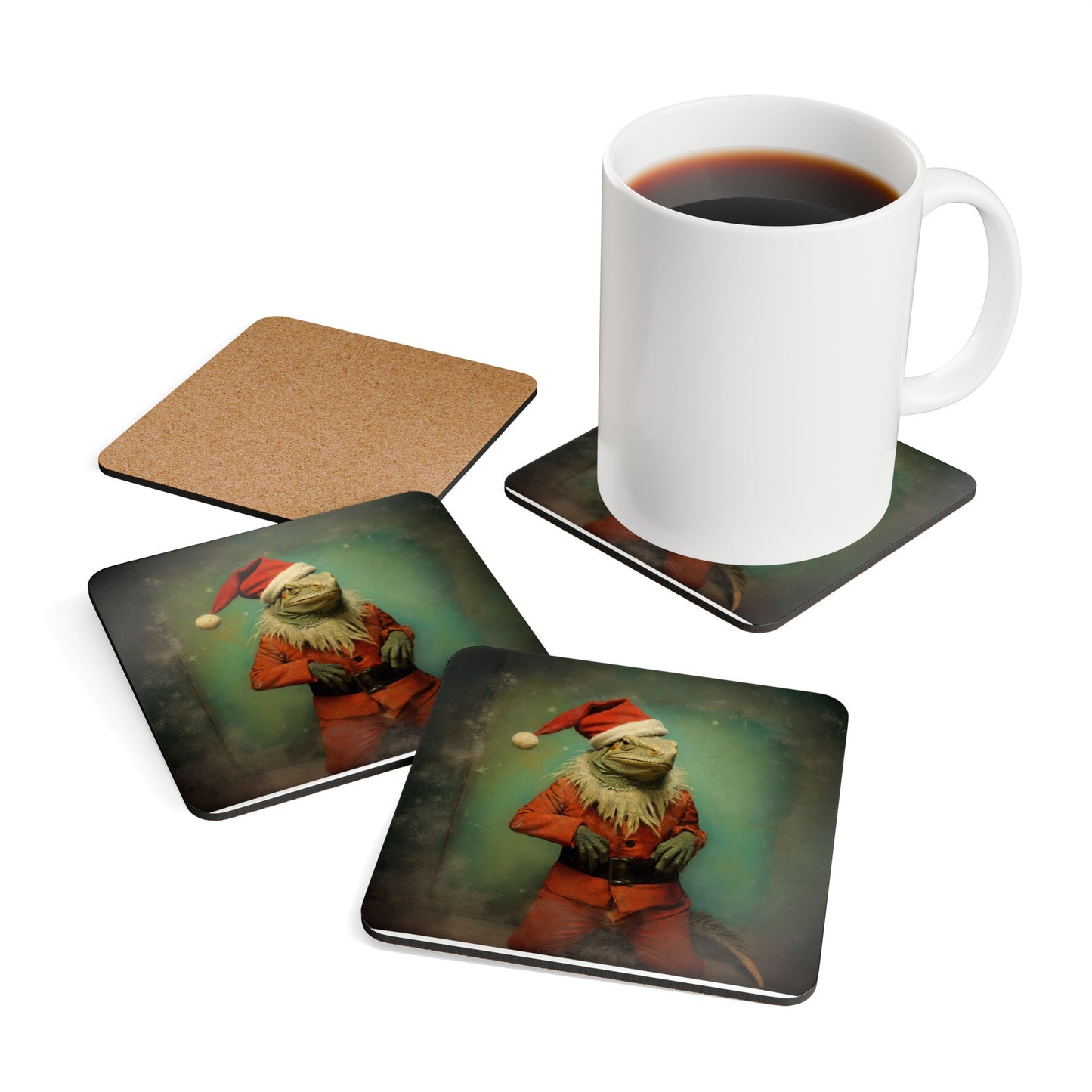 Lizard, Reptile, Iguana in Santa Suit, Texas, Souther Arizona Christmas Holiday Gift Corkwood Coaster Set, Bearded Dragon