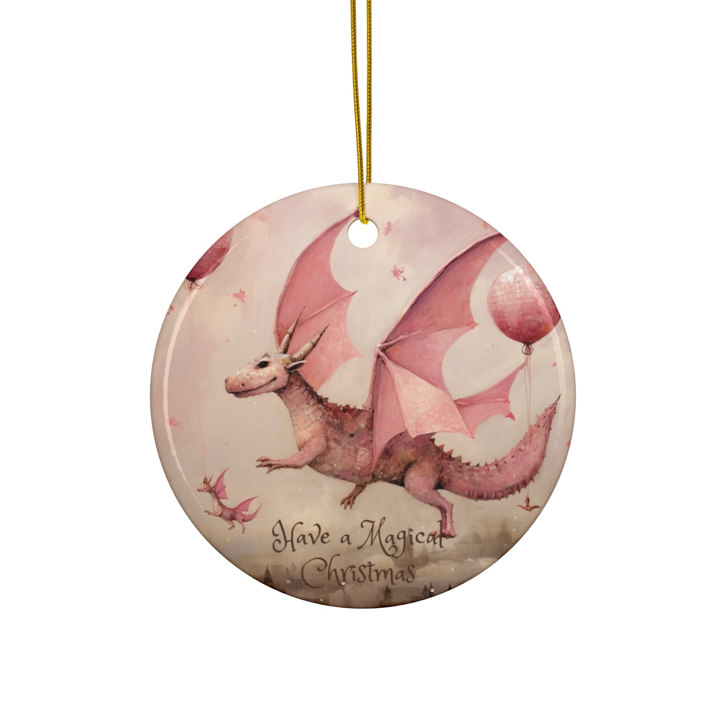 Pink Flying Dragon Dinosaur- Christmas Dragon Ceramic Tree Ornament - Magical Dragon Dinosaur Kids Ornament Gift